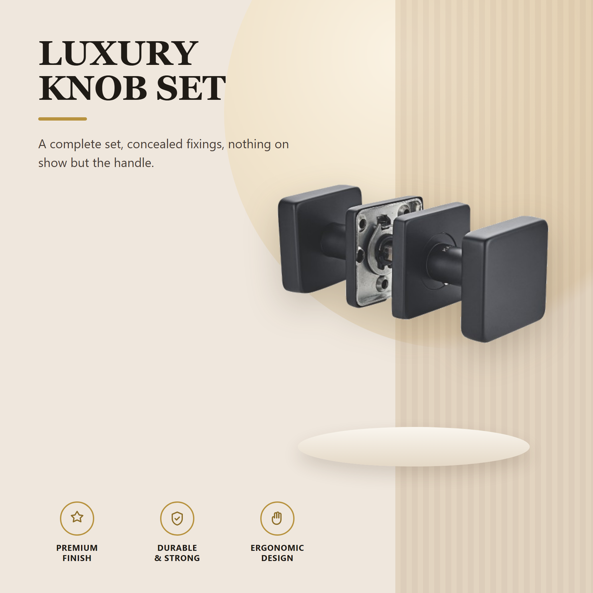 SRH.SE102.BLK.F premium stainless steel square knob set from the Stainless Steel Door Lock Series. 53 mm square rose, 55 mm projection, for 35 to 55 mm doors. Built for smooth, reliable everyday use.