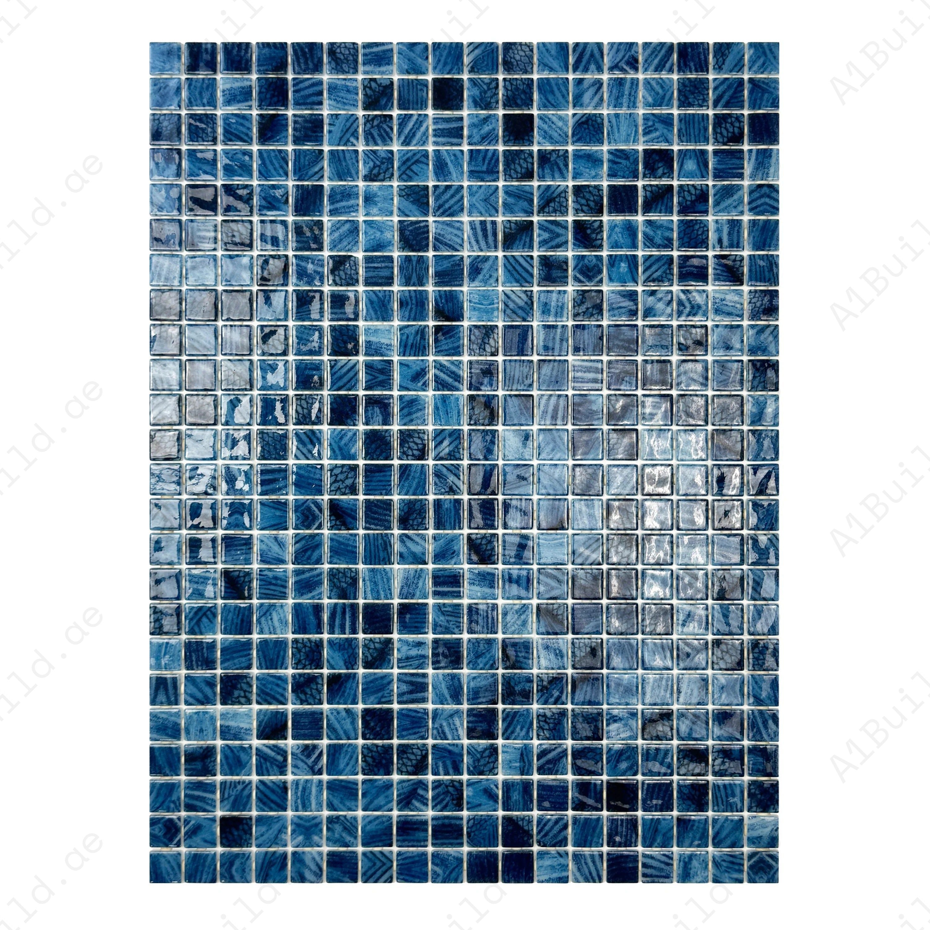 Saga, fern & moss green recycled glass mosaic tile with shimmering streaks. Durable, slip-resistant, UV-proof—perfect for pools, spas, and feature walls.