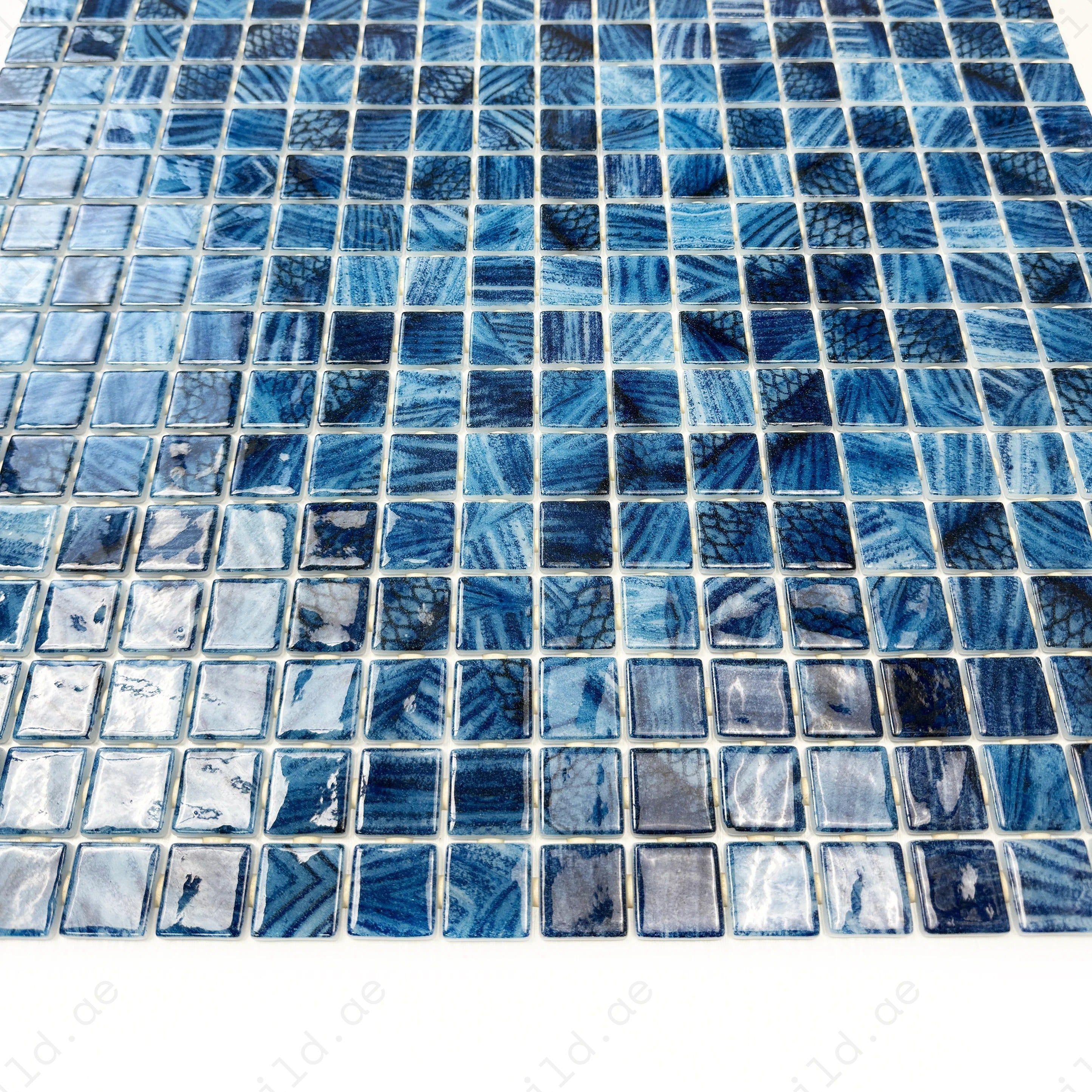 Saga, fern & moss green recycled glass mosaic tile with shimmering streaks. Durable, slip-resistant, UV-proof—perfect for pools, spas, and feature walls.