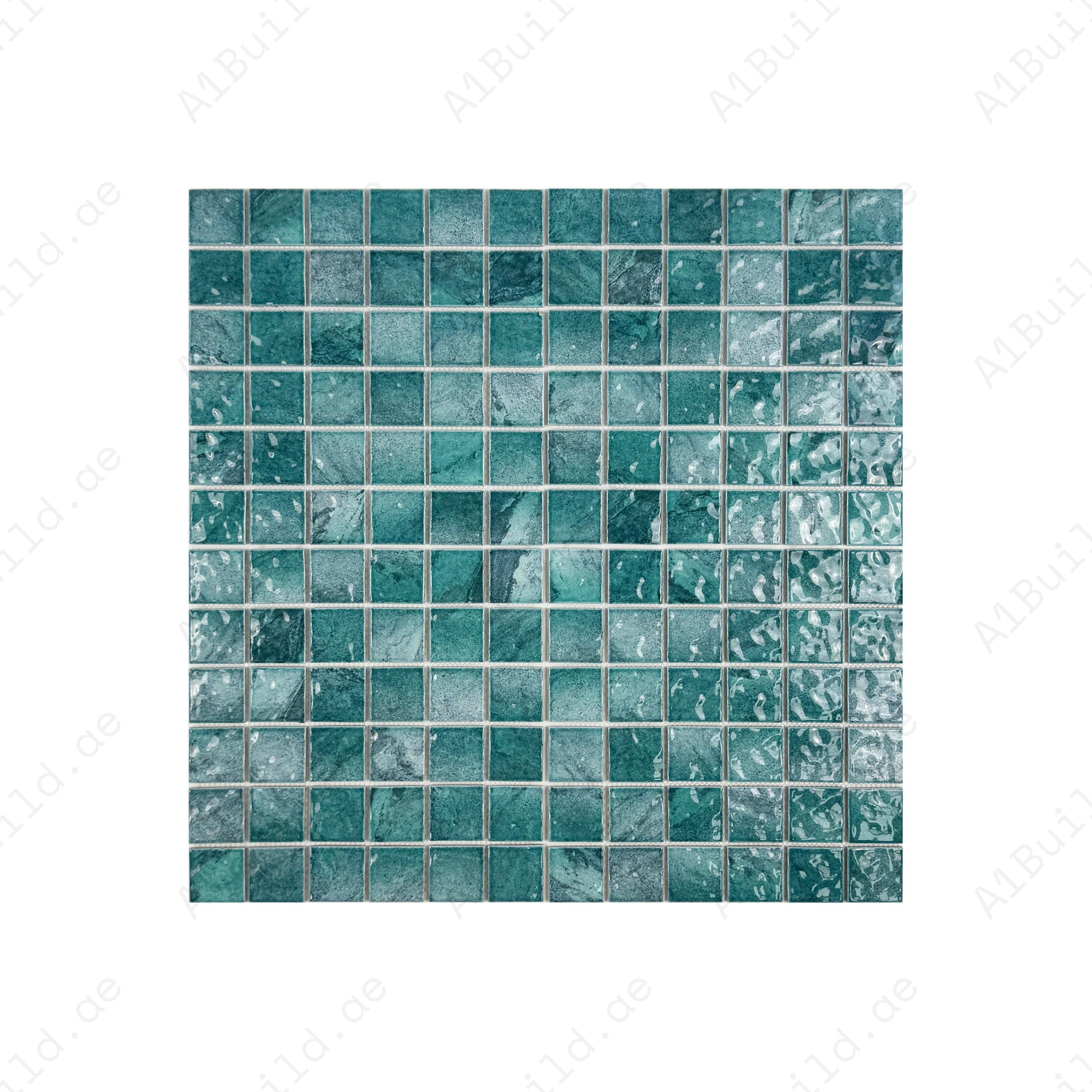 Serene Wave Forest Green marble-effect porcelain mosaic. Ideal for pools, spas & water features. UV-resistant, slip-proof & eco-friendly with lasting beauty.