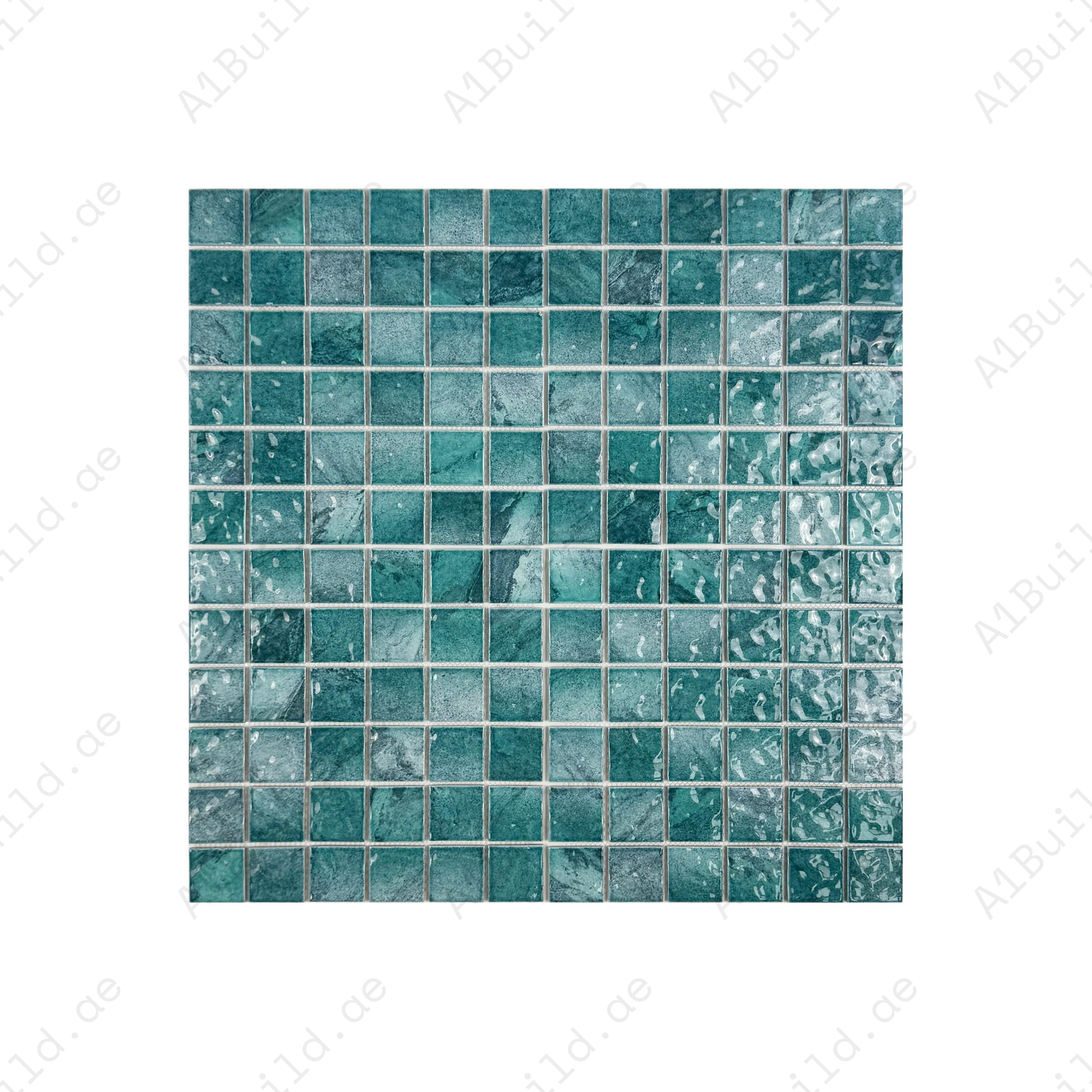 Serene Wave Forest Green marble-effect porcelain mosaic. Ideal for pools, spas & water features. UV-resistant, slip-proof & eco-friendly with lasting beauty.