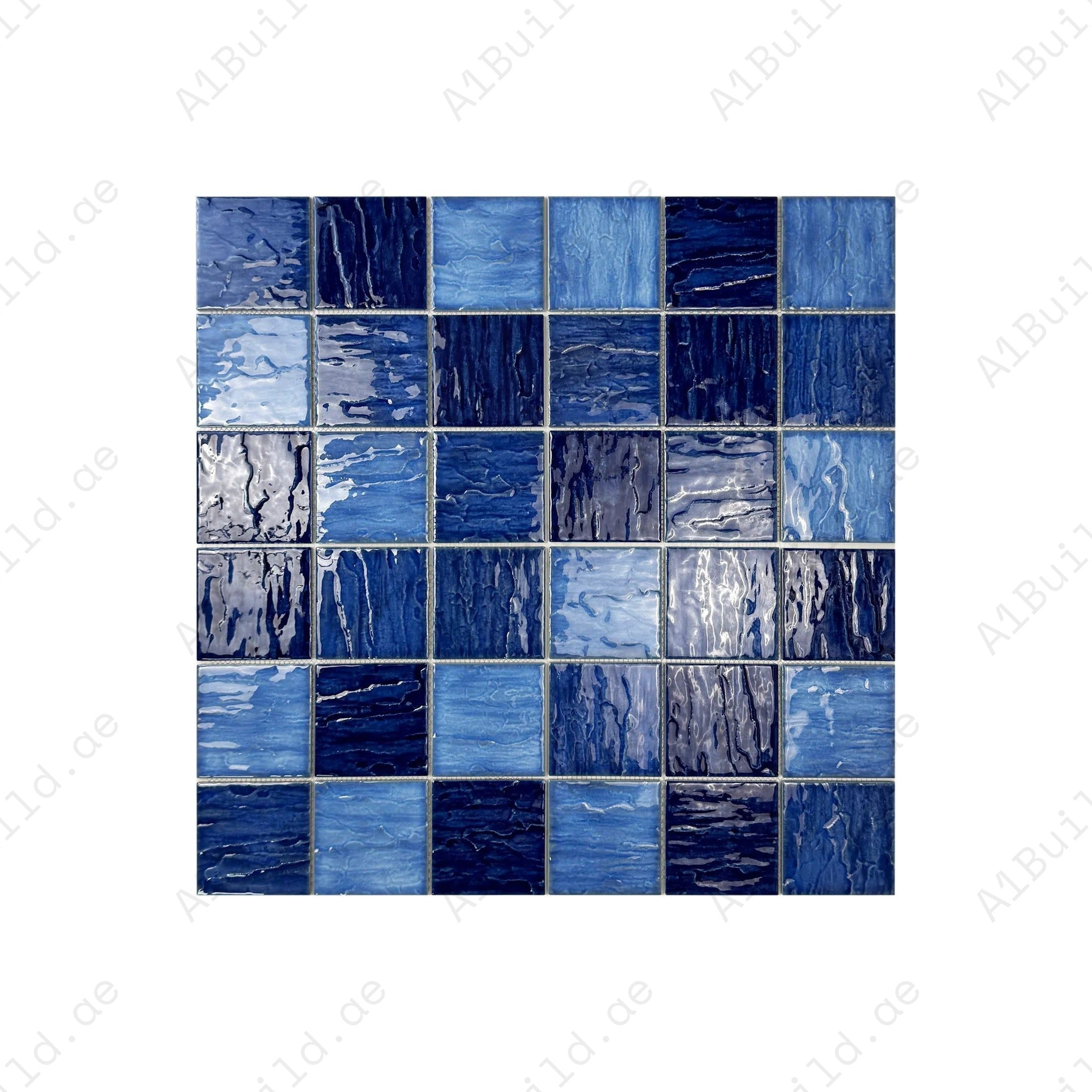 Serene Wave French & Navy Blue 3D crystalline porcelain mosaic—UV-stable, slip-resistant & eco-friendly. Perfect for pools, spas & luxury water features.