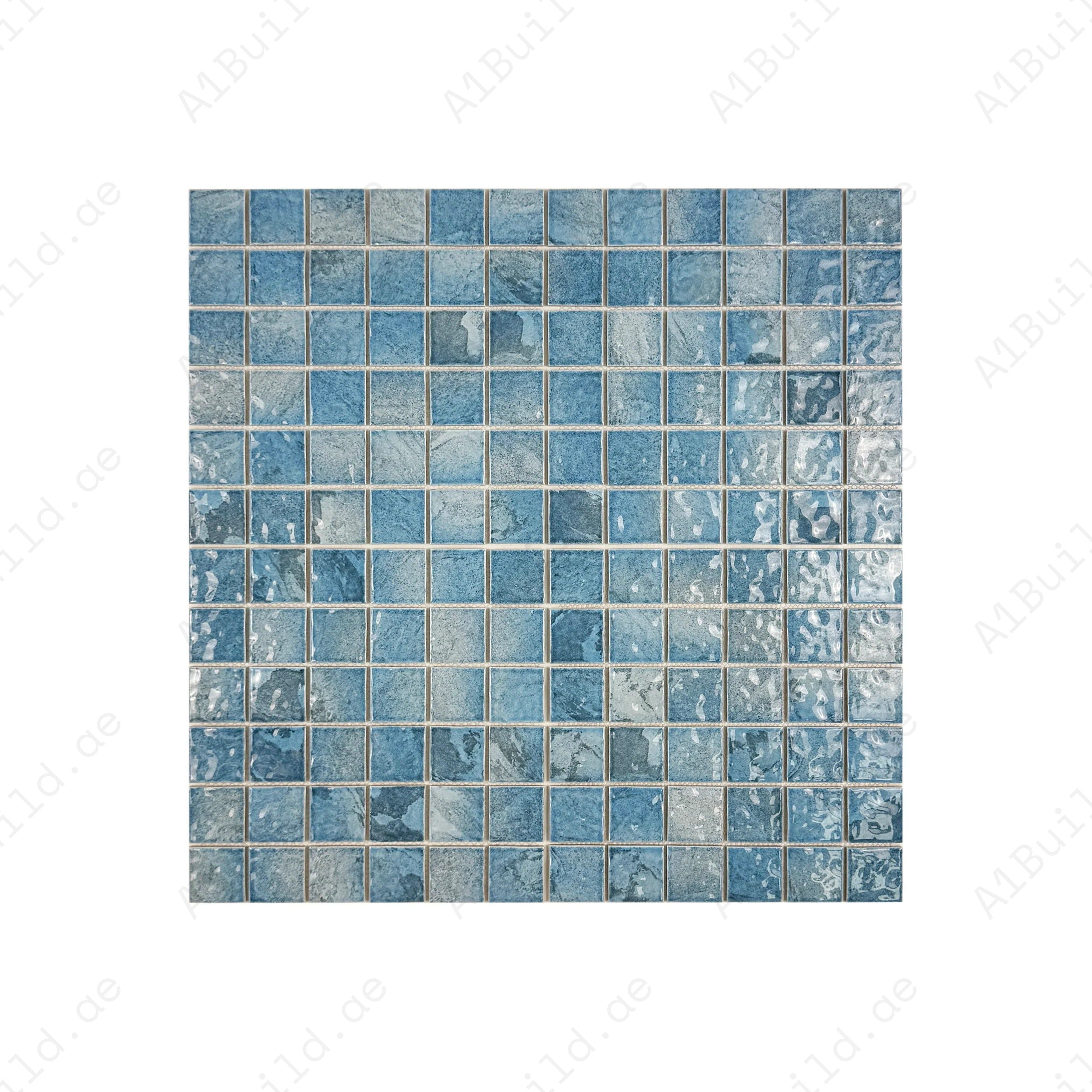 Serene Wave Light & Cyan Blue mixed marble porcelain mosaic. Perfect for pools, spas & water features. UV-resistant, slip-proof & eco-friendly design.