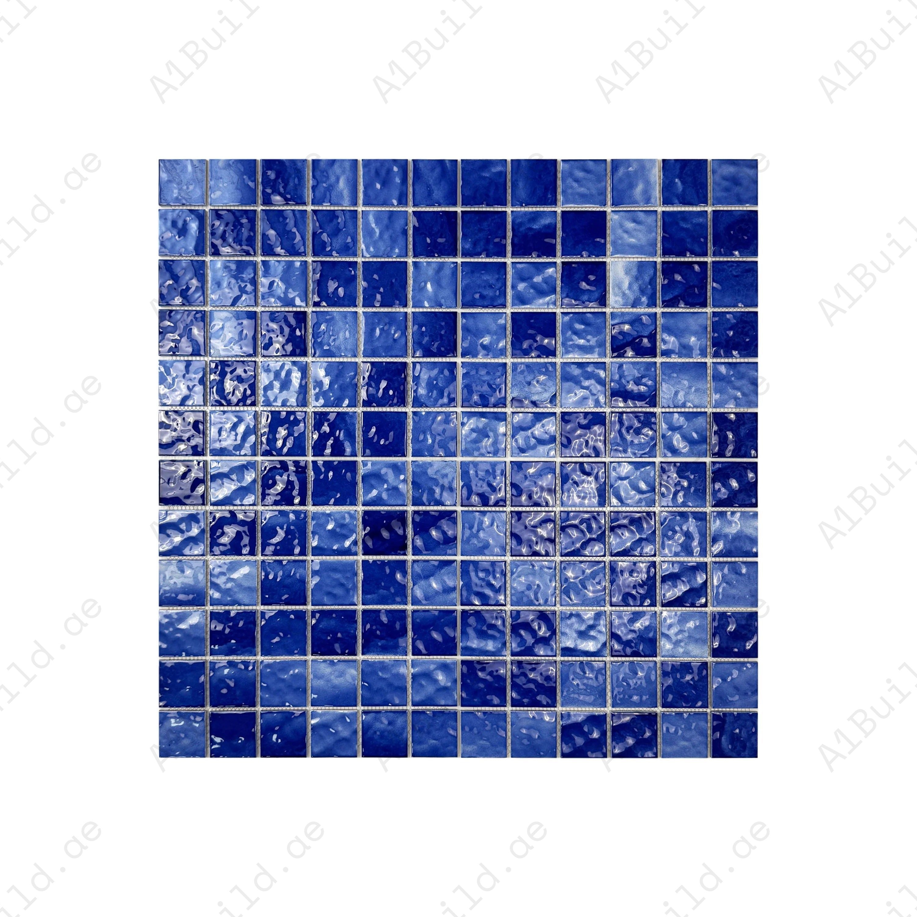 Serene Wave Navy Blue wave pattern porcelain mosaic. UV-resistant, slip-proof & durable—ideal for luxury pools, spas, water walls & modern aquatic spaces in Dubai.