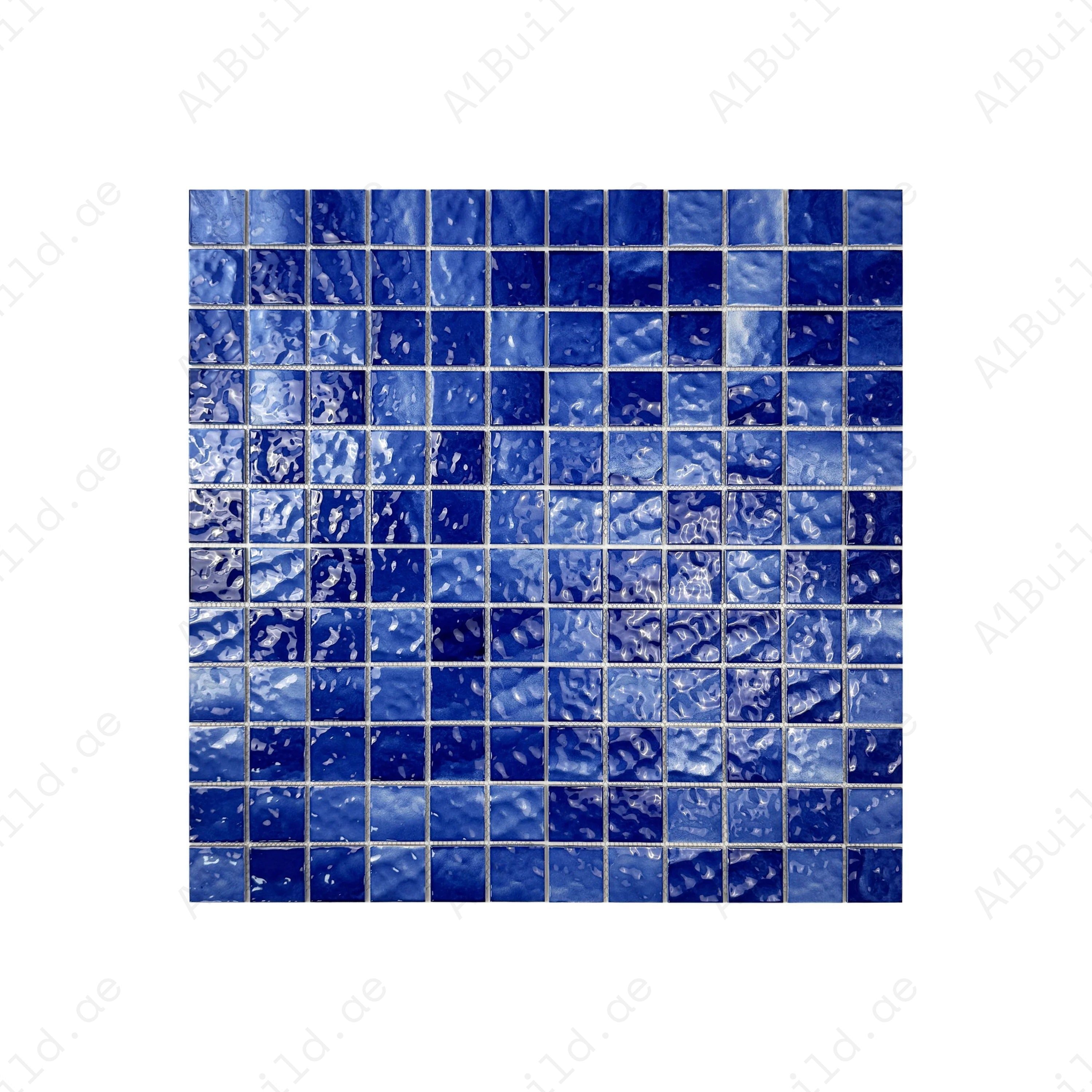 Serene Wave Navy Blue wave pattern porcelain mosaic. UV-resistant, slip-proof & durable—ideal for luxury pools, spas, water walls & modern aquatic spaces in Dubai.