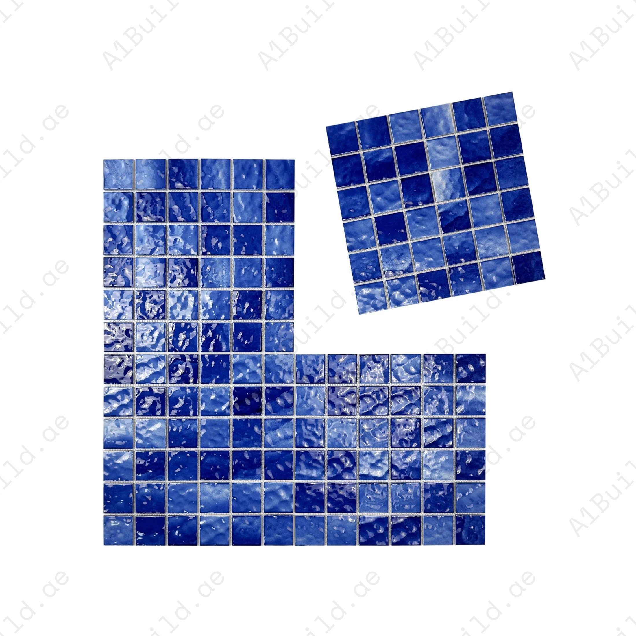 Serene Wave Navy Blue wave pattern porcelain mosaic. UV-resistant, slip-proof & durable—ideal for luxury pools, spas, water walls & modern aquatic spaces in Dubai.