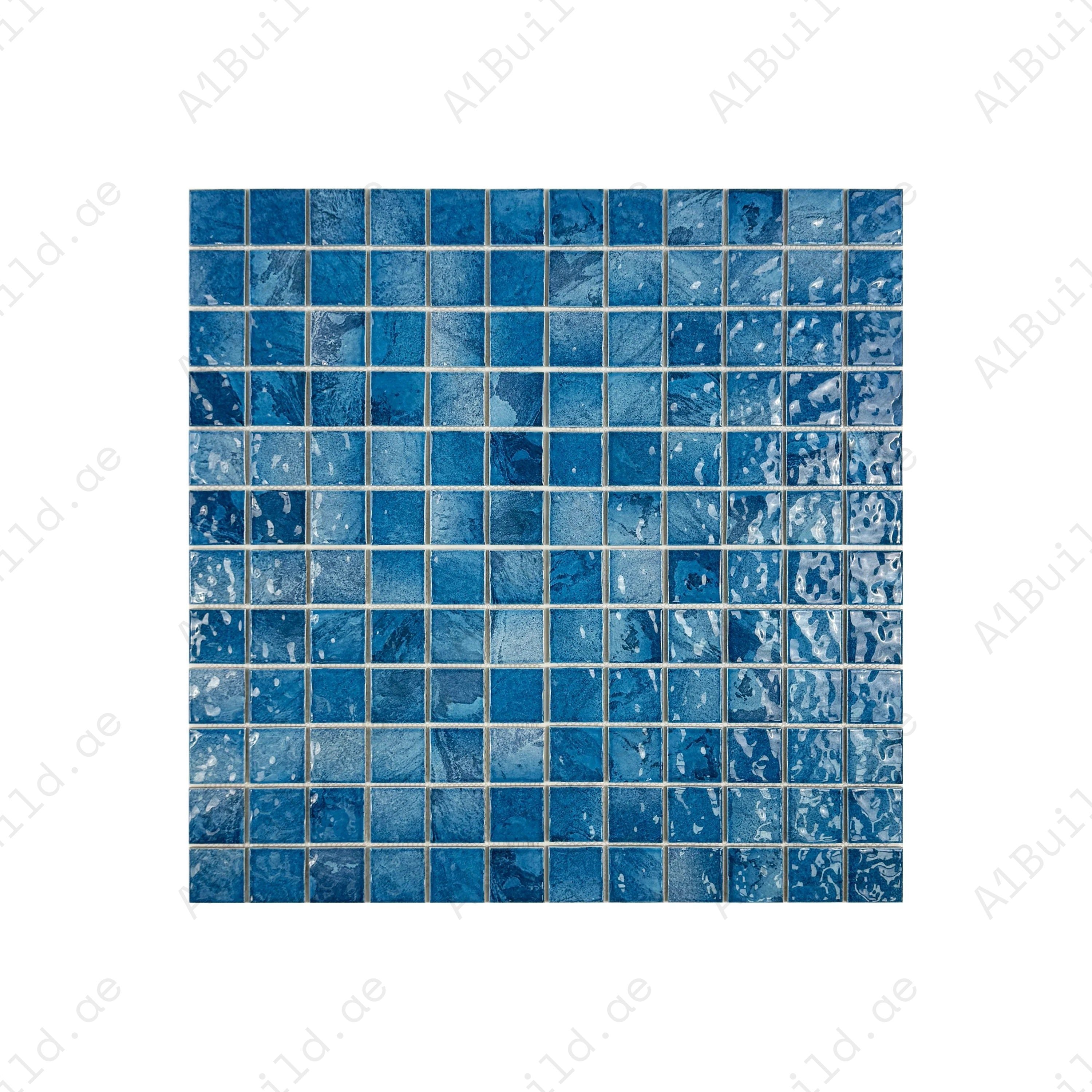 Serene Wave Sapphire & Baby Blue mixed marble porcelain mosaic for pools, spas & water walls. UV-resistant, slip-proof & eco-friendly with vibrant tones.