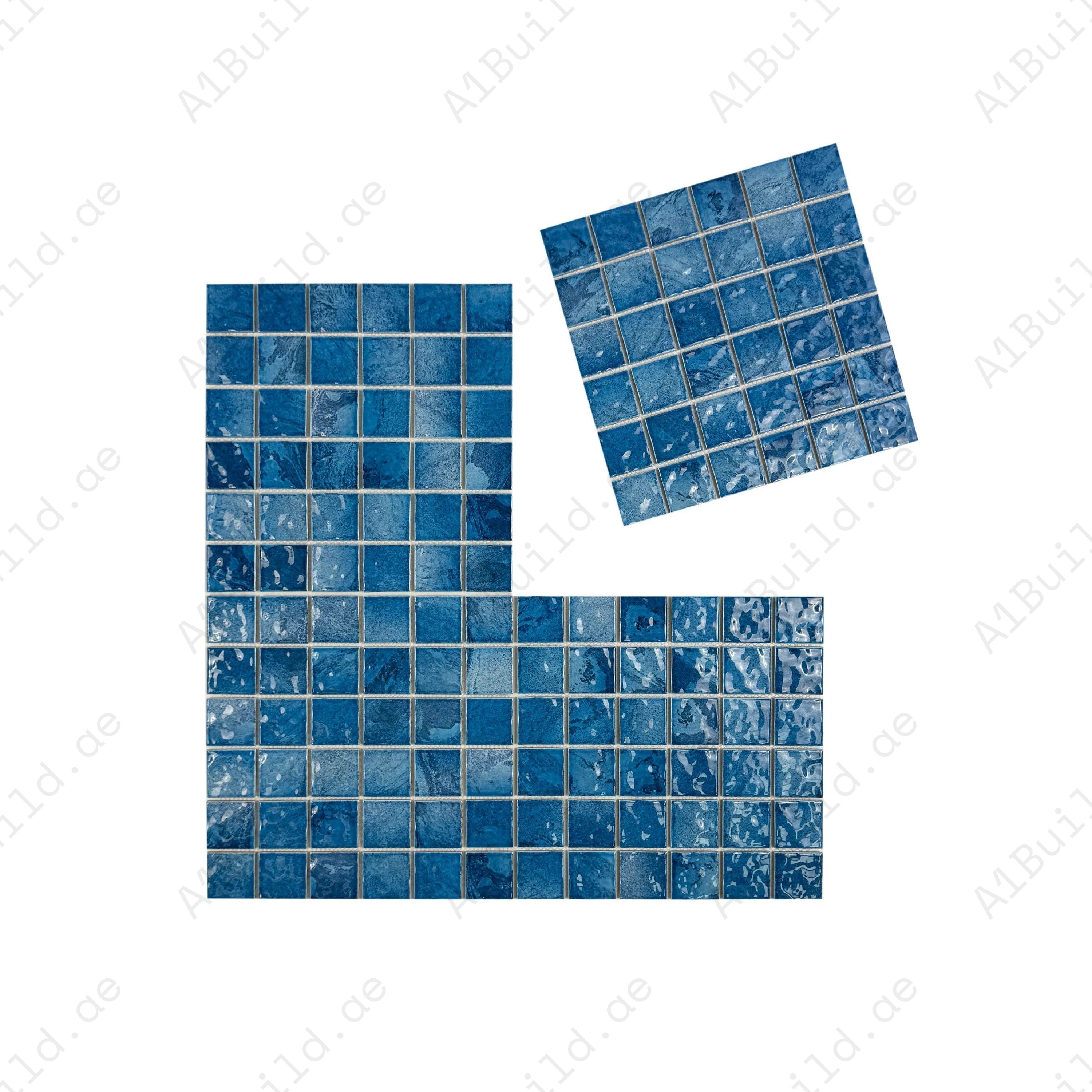 Serene Wave Sapphire & Baby Blue mixed marble porcelain mosaic for pools, spas & water walls. UV-resistant, slip-proof & eco-friendly with vibrant tones.