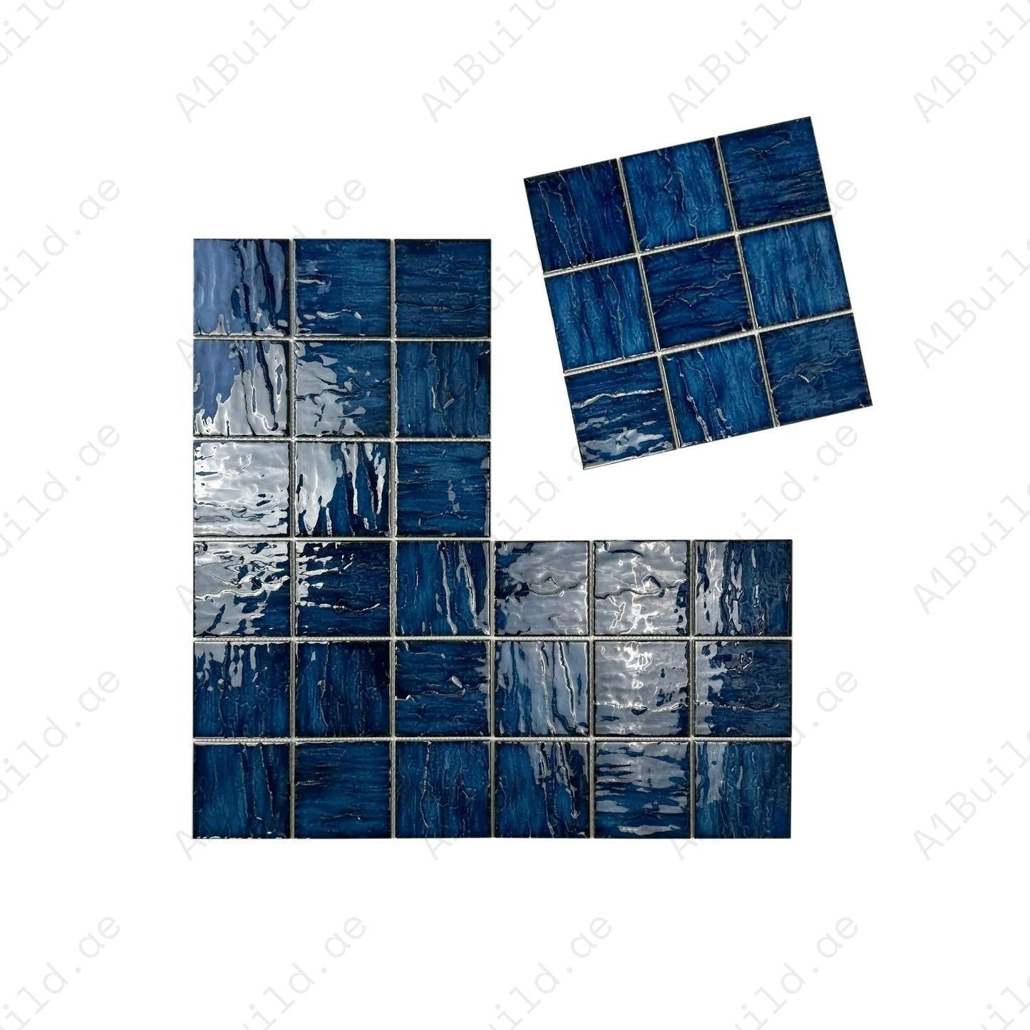 Serene Wave Sapphire Blue 3D crystalline glazed porcelain mosaic. UV-resistant, slip-proof & durable—perfect for pools, spas, water walls & luxury aquatic spaces.