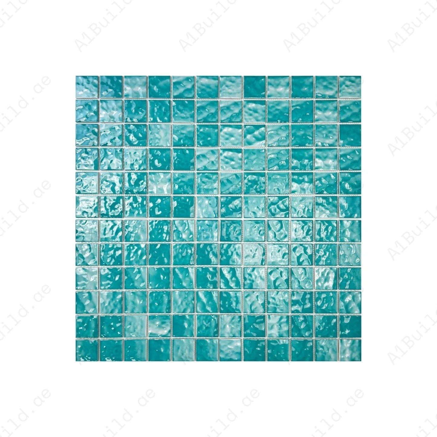 Serene Wave Tiffany Blue wave pattern crystalline porcelain mosaic. UV-resistant, slip-proof & eco-friendly—ideal for pools, spas & water feature walls.