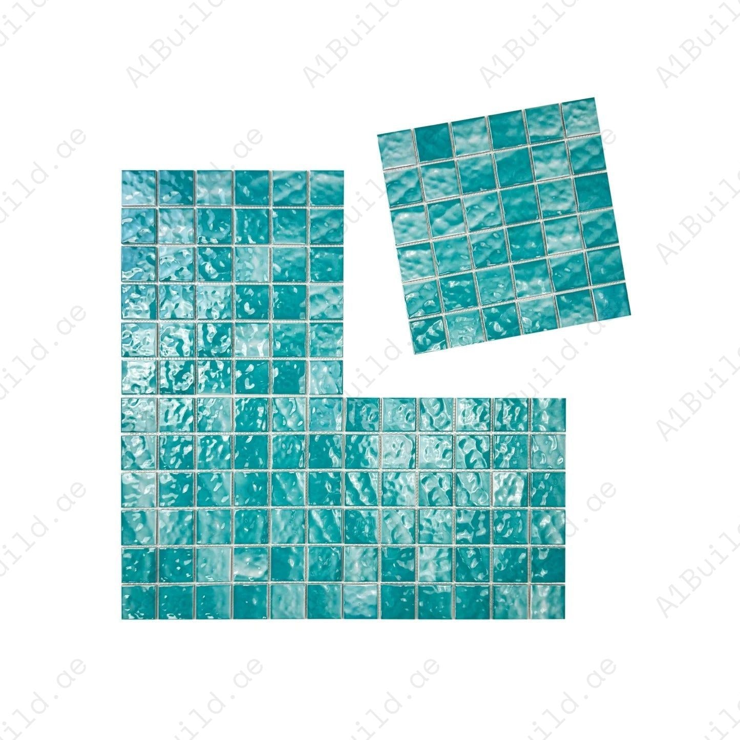 Serene Wave Tiffany Blue wave pattern crystalline porcelain mosaic. UV-resistant, slip-proof & eco-friendly—ideal for pools, spas & water feature walls.