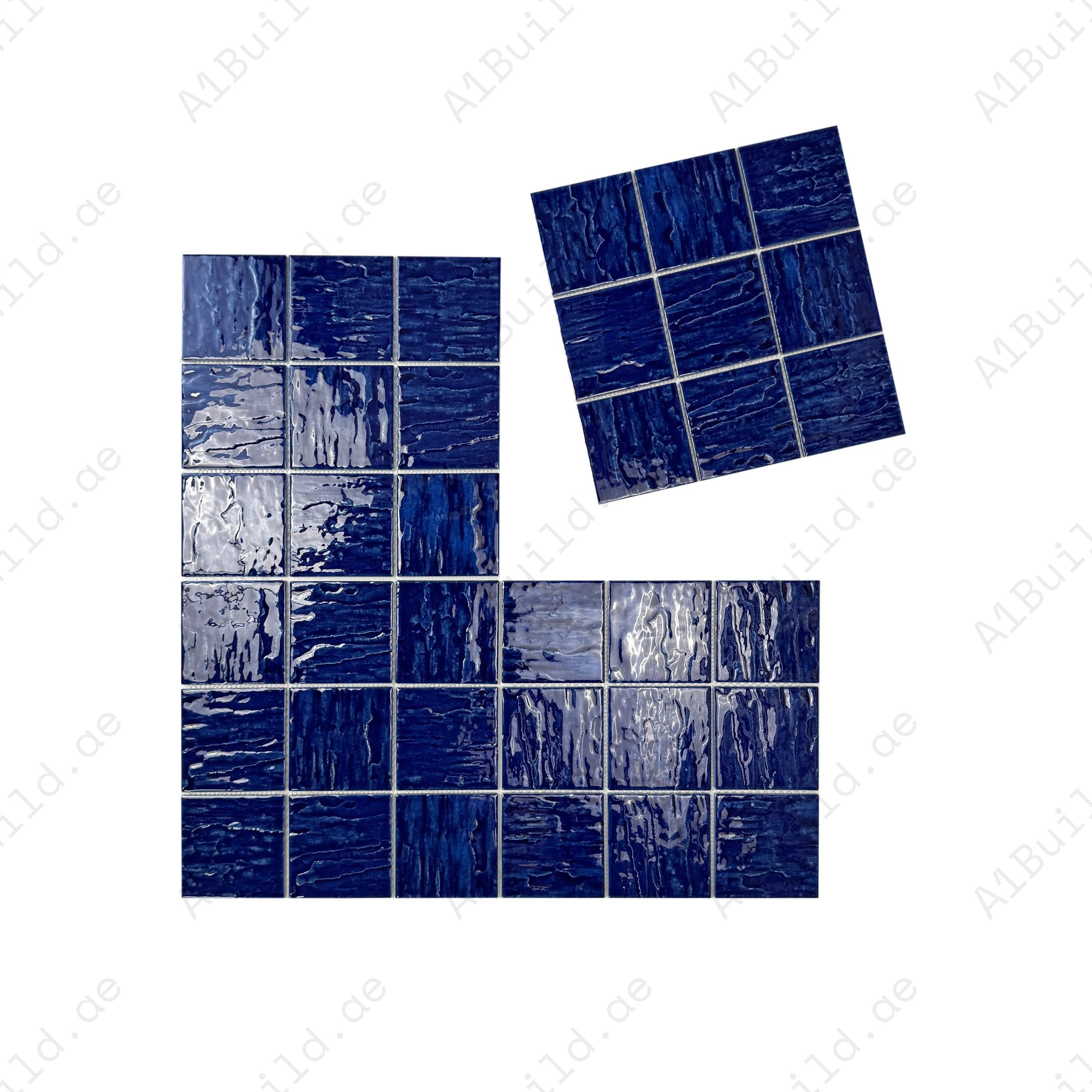 Serene Wave cobalt blue 3D crystalline glazed porcelain mosaic. UV-resistant, slip-proof & eco-friendly—ideal for pools, spas & modern water features.