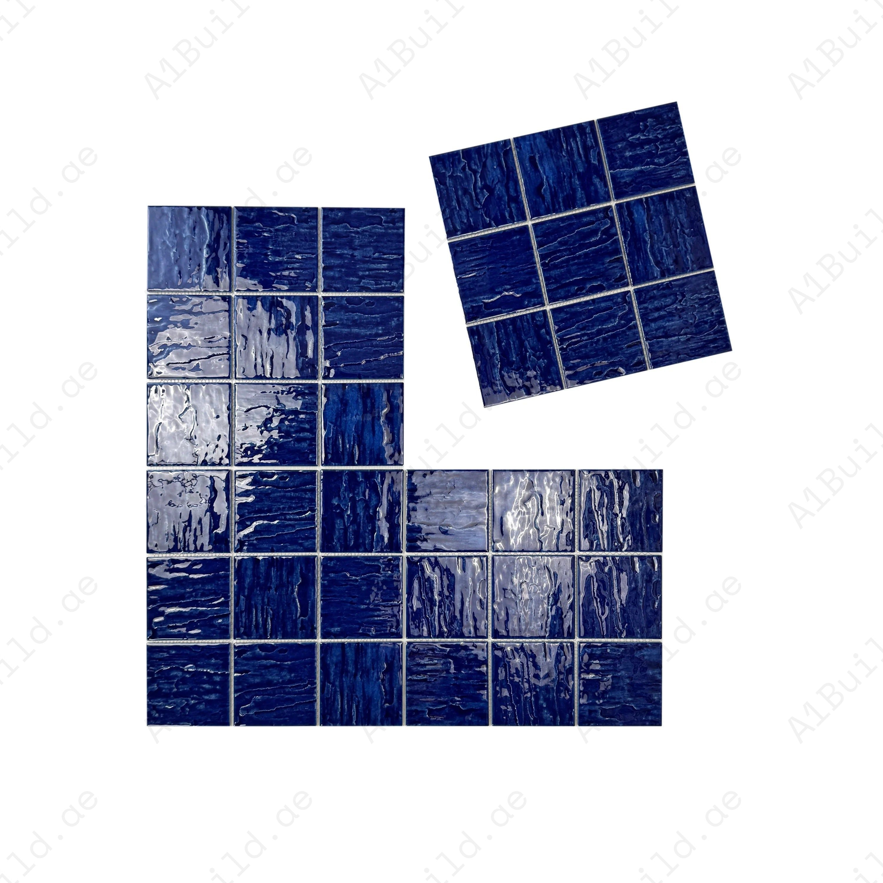 Serene Wave cobalt blue 3D crystalline glazed porcelain mosaic. UV-resistant, slip-proof & eco-friendly—ideal for pools, spas & modern water features.