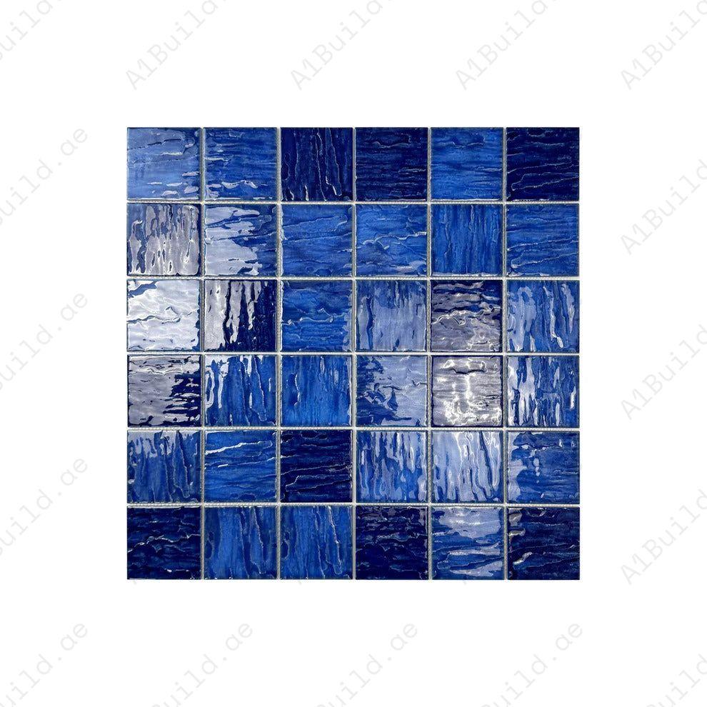 Serene Wave cobalt & midnight blue 3D crystalline glazed porcelain mosaic. UV-resistant, slip-proof & eco-friendly—perfect for pools, spas & luxury water features.