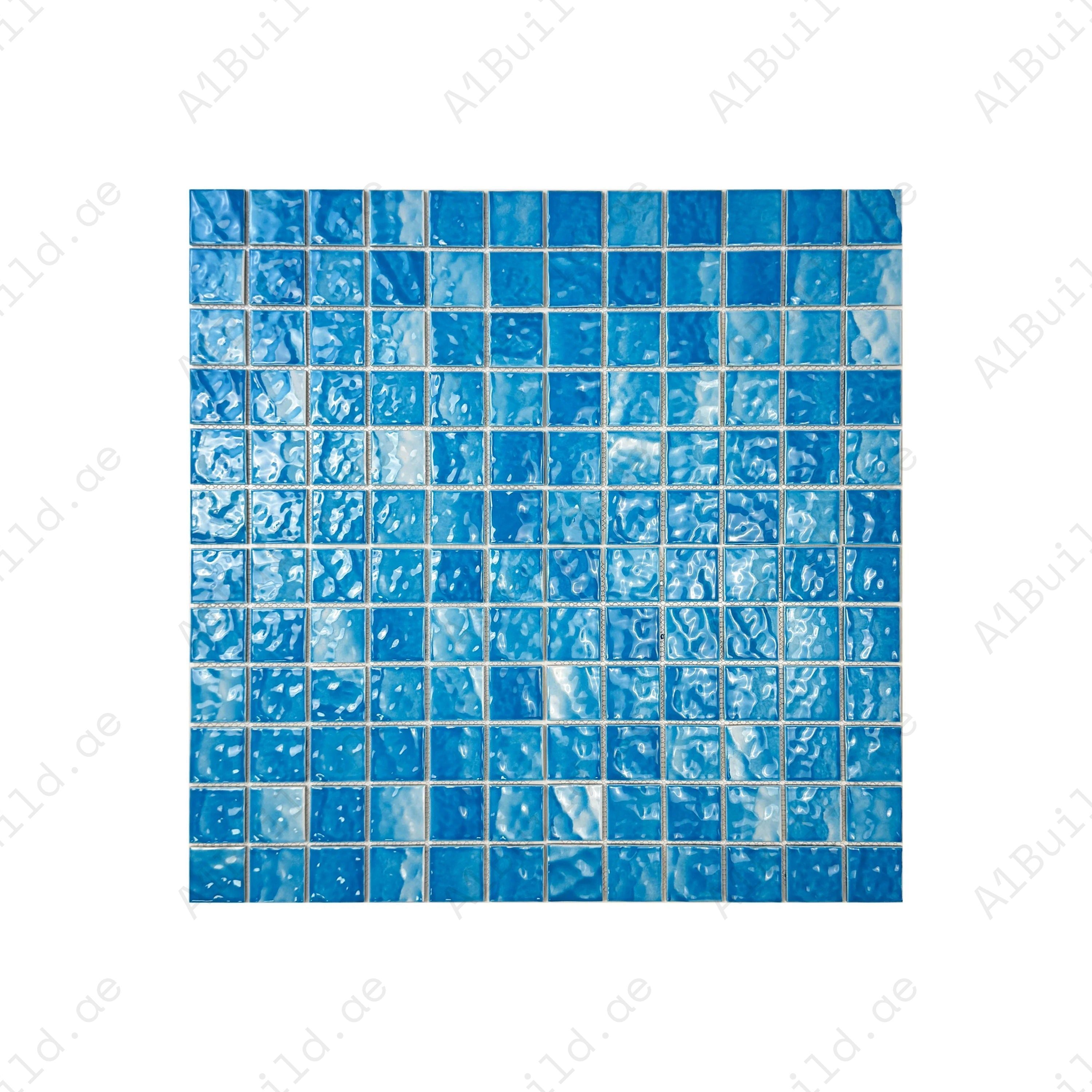 Serene Wave cyan blue wave pattern porcelain mosaic. UV-stable, slip-resistant & eco-friendly—perfect for pools, spas, water walls & luxury aquatic spaces.