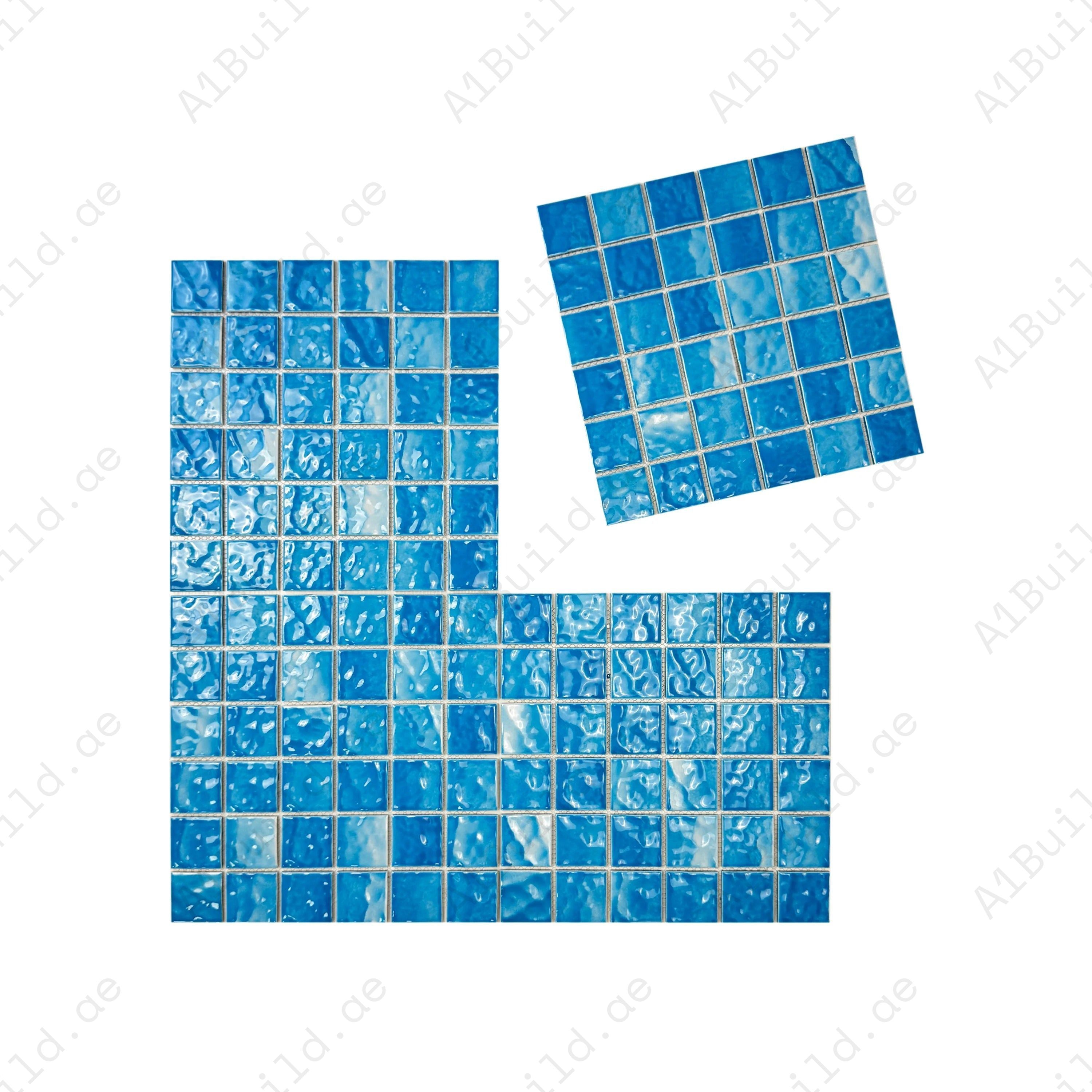 Serene Wave cyan blue wave pattern porcelain mosaic. UV-stable, slip-resistant & eco-friendly—perfect for pools, spas, water walls & luxury aquatic spaces.