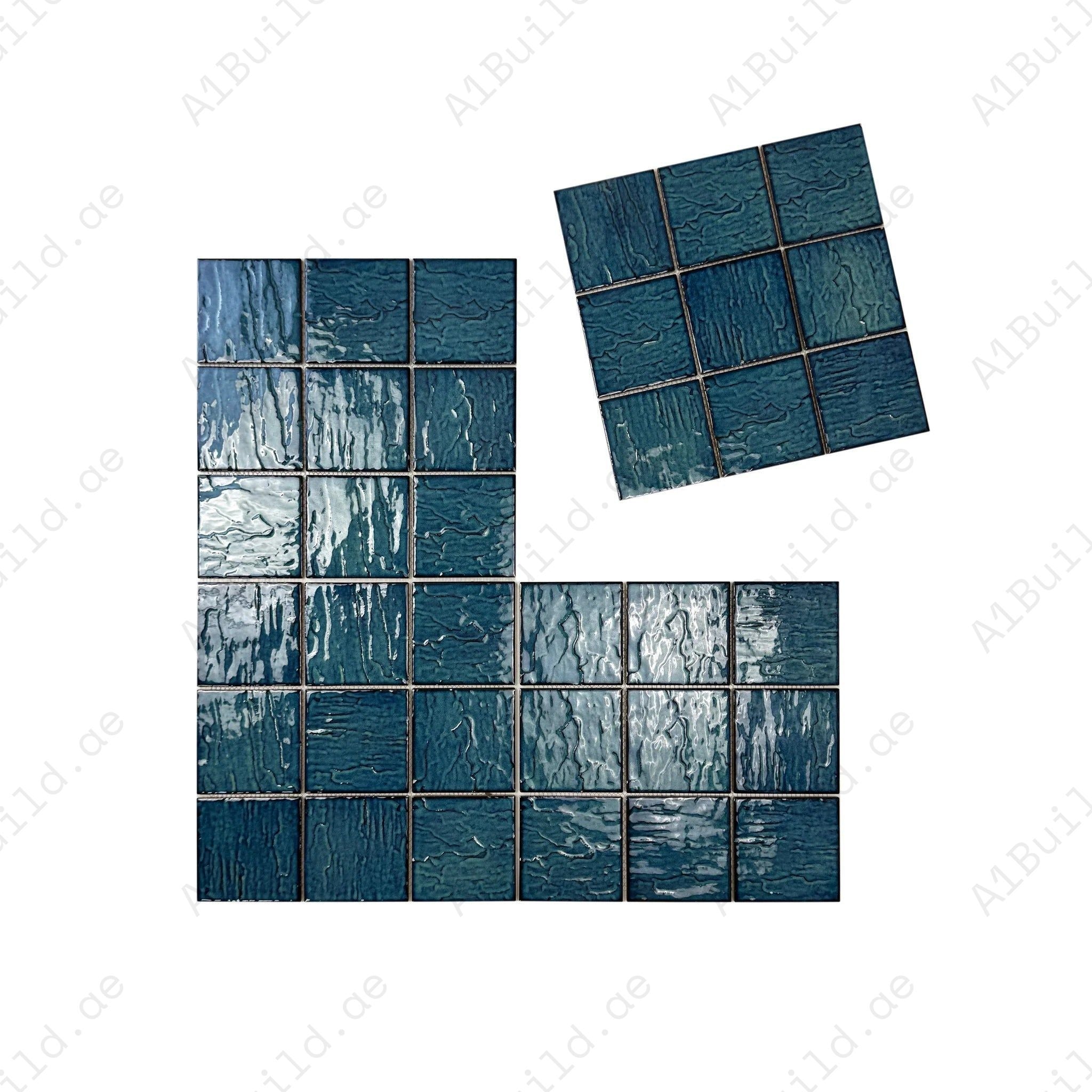 Serene Wave fern green 3D crystalline porcelain mosaic—UV-resistant, slip-safe & eco-friendly. Ideal for pools, spas, water features & luxury aquatic spaces.