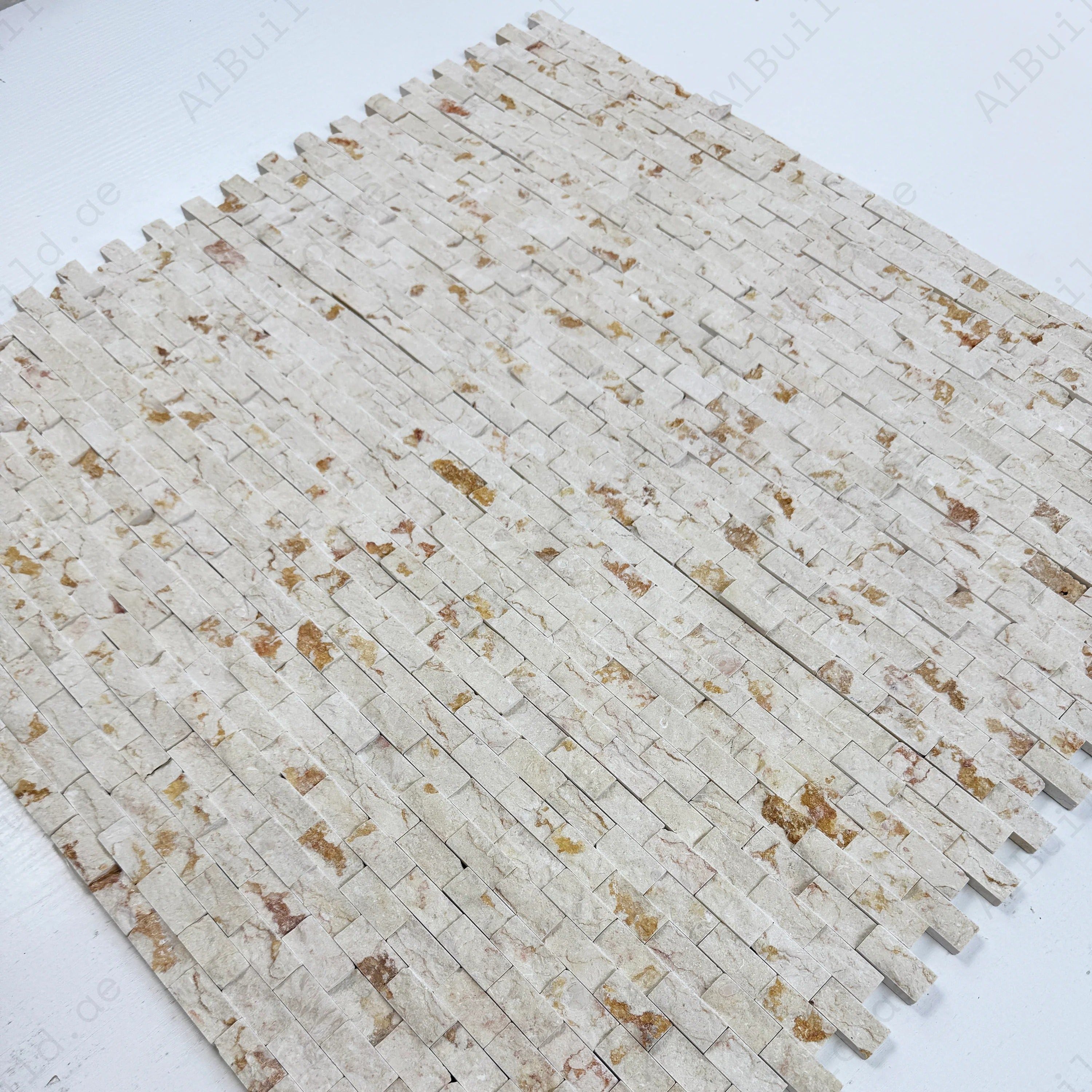 Shop Beverly Luxe Series Sunny Beige Split Surface Marble Mosaic. Premium marble design, 15x30 mm, elegant beige tone, ideal for walls, bathrooms, and kitchens.