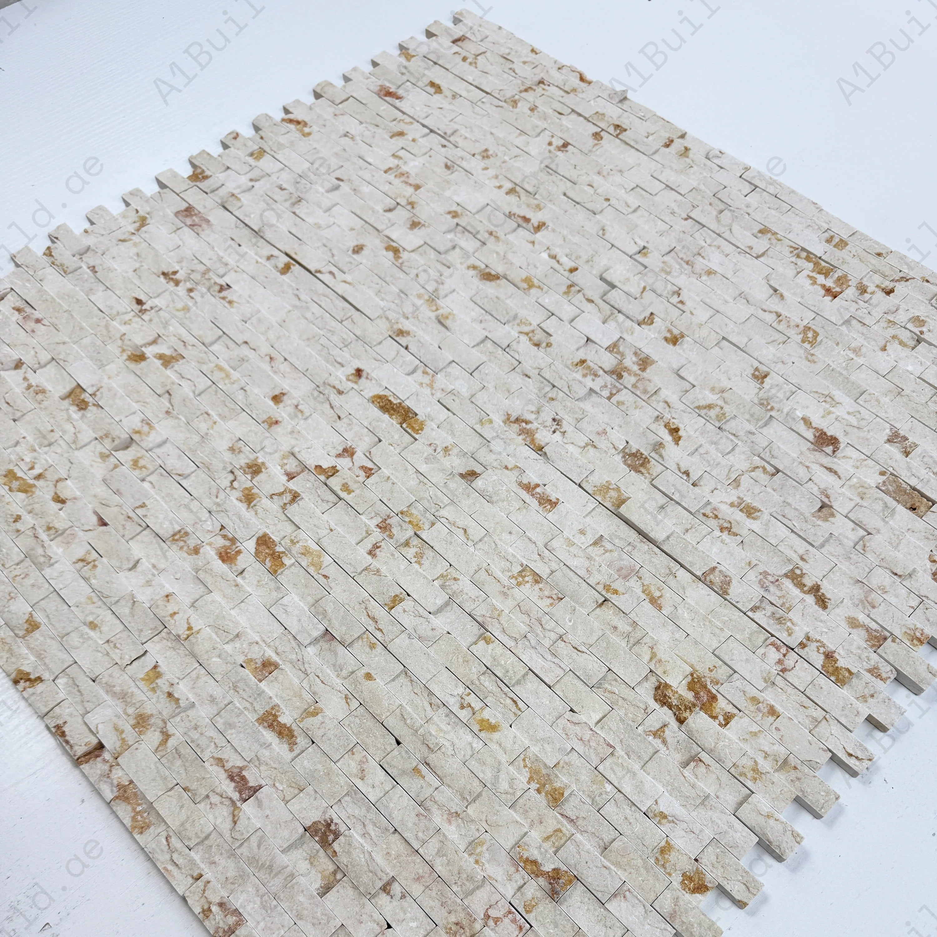 Shop Beverly Luxe Series Sunny Beige Split Surface Marble Mosaic. Premium marble design, 15x30 mm, elegant beige tone, ideal for walls, bathrooms, and kitchens.