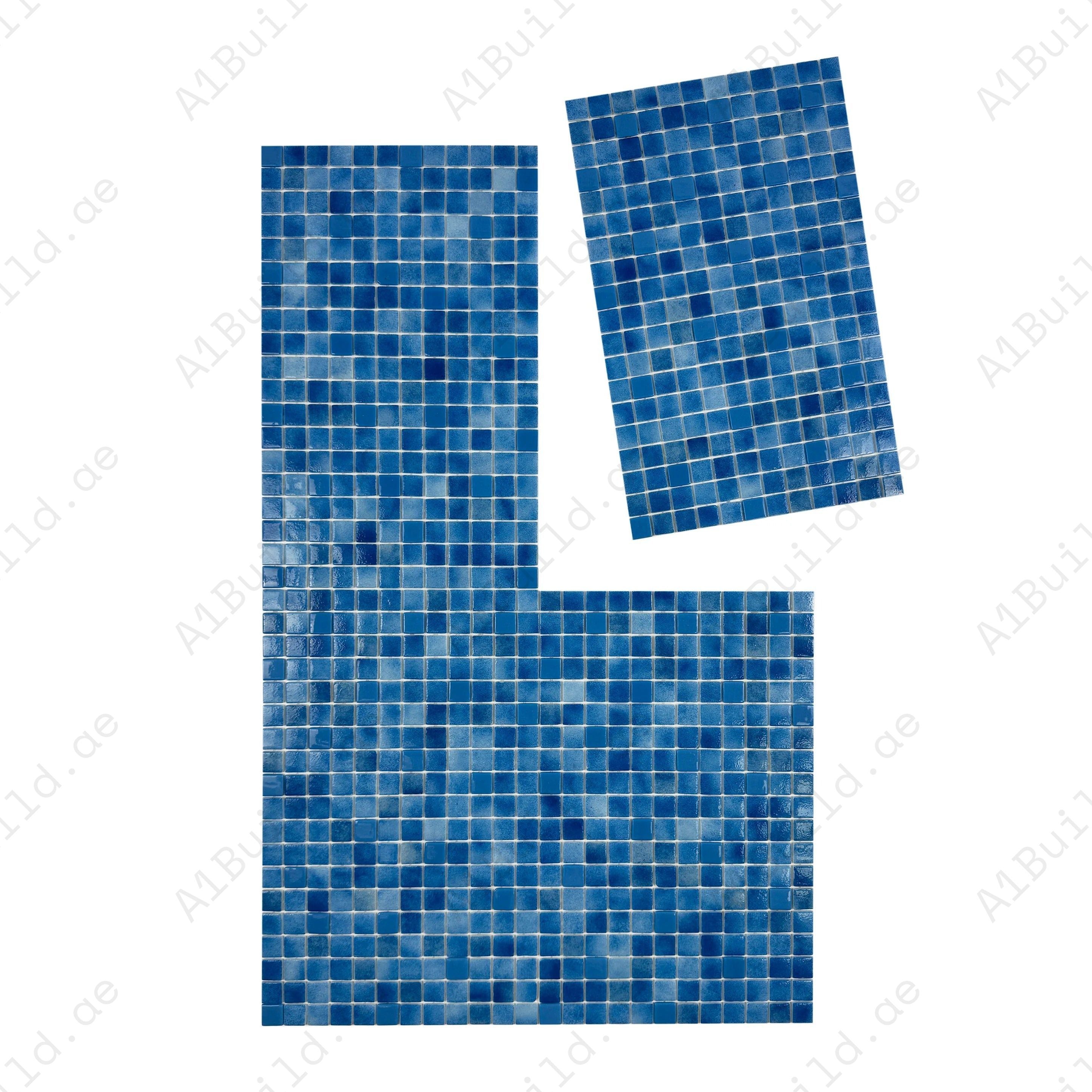 Shop French & Fluorescent Blue Glass Mosaic Tiles – luminous, durable, UV & slip-resistant. Perfect for swimming pools, spas, water features & accent walls.