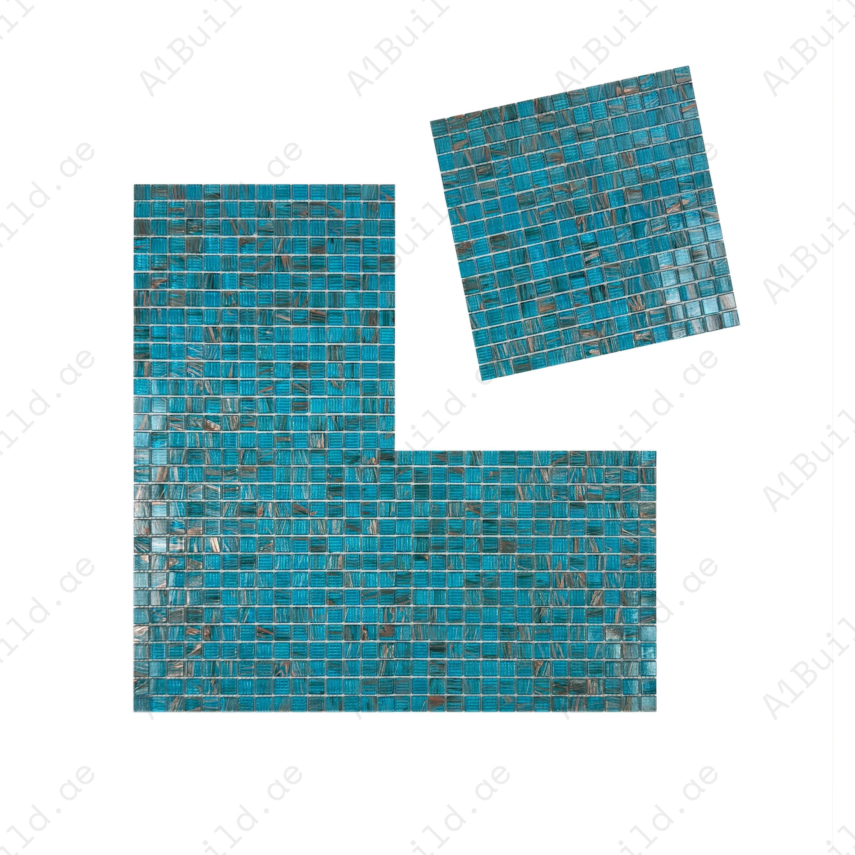 Shop Glacial Artistry Cerulean Blue with Gold Line Glass Mosaic – durable, UV-resistant, slip-safe tiles ideal for pools, spas & water features in Dubai.