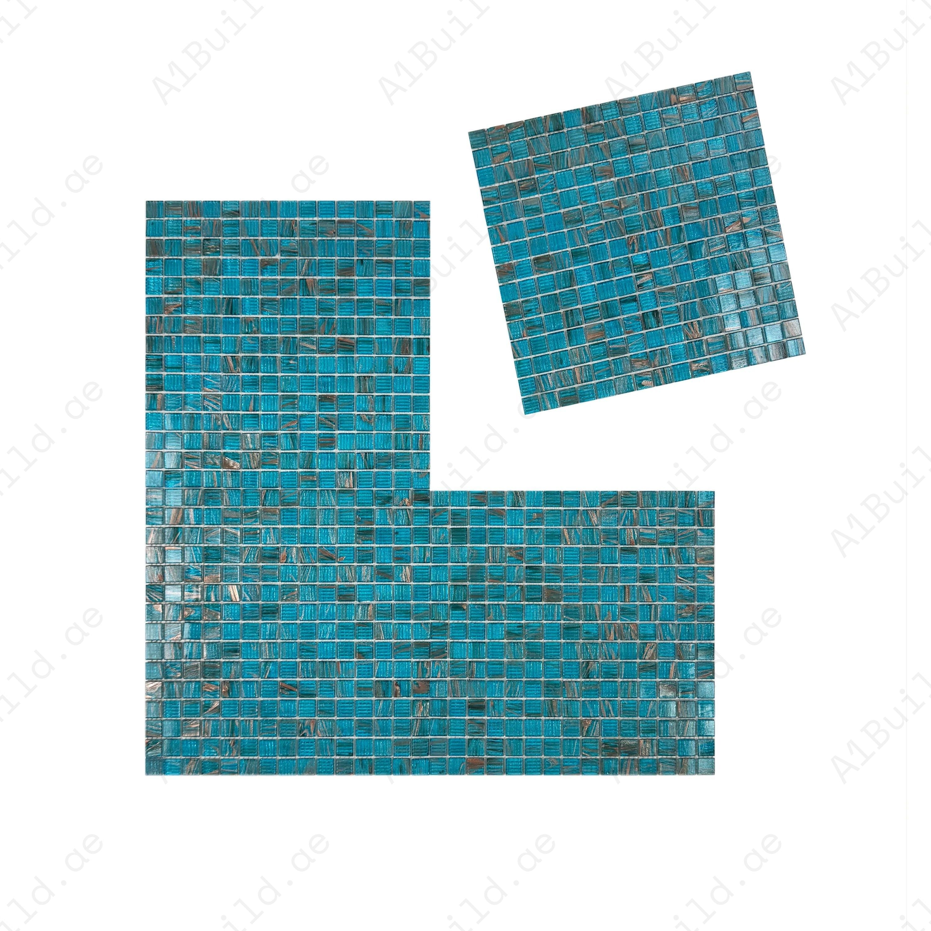 Shop Glacial Artistry Cerulean Blue with Gold Line Glass Mosaic – durable, UV-resistant, slip-safe tiles ideal for pools, spas & water features in Dubai.