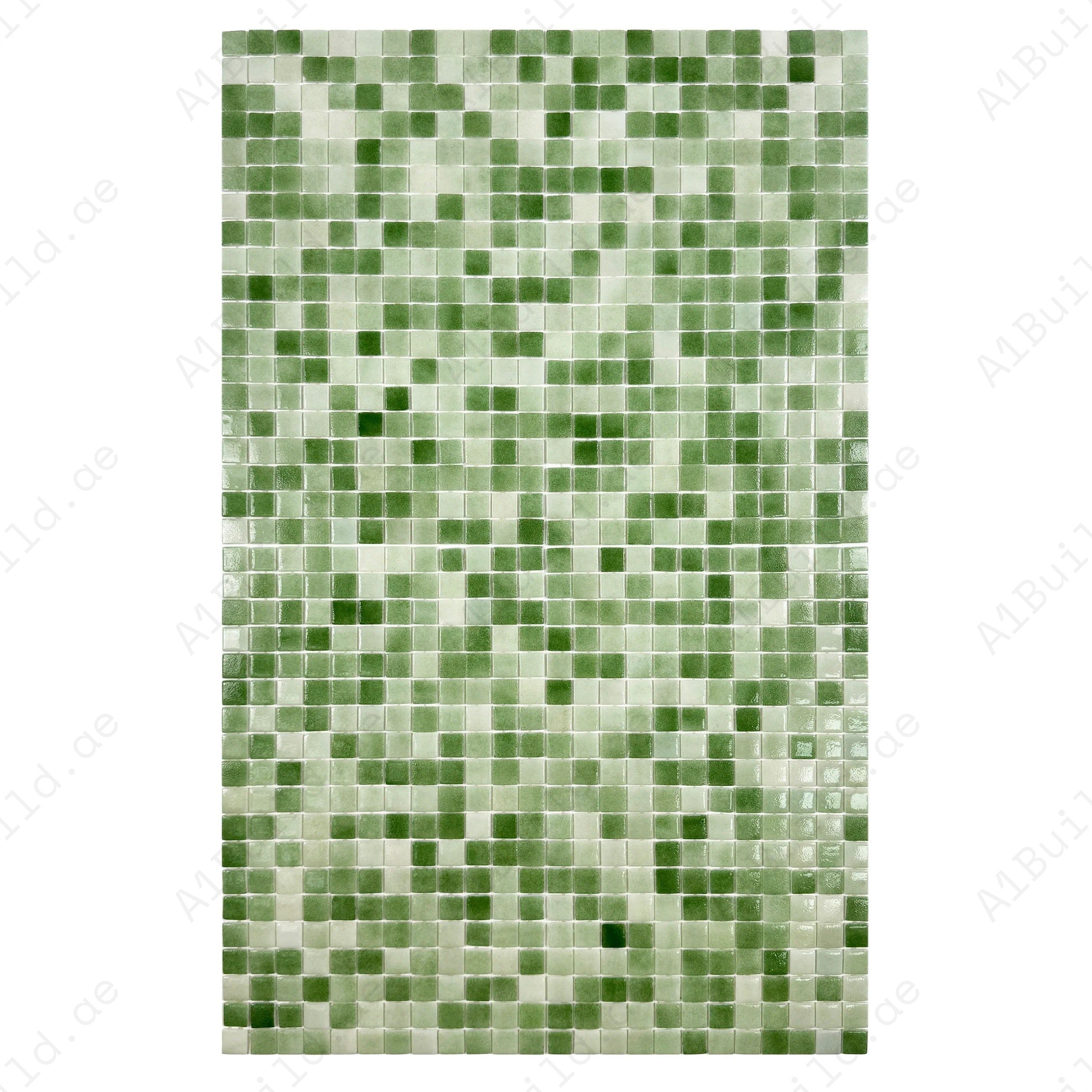 Shop Olive Green Recycled Glass Mosaic Tiles – eco-friendly, slip & UV resistant, durable and perfect for swimming pools, spas, fountains & water walls.