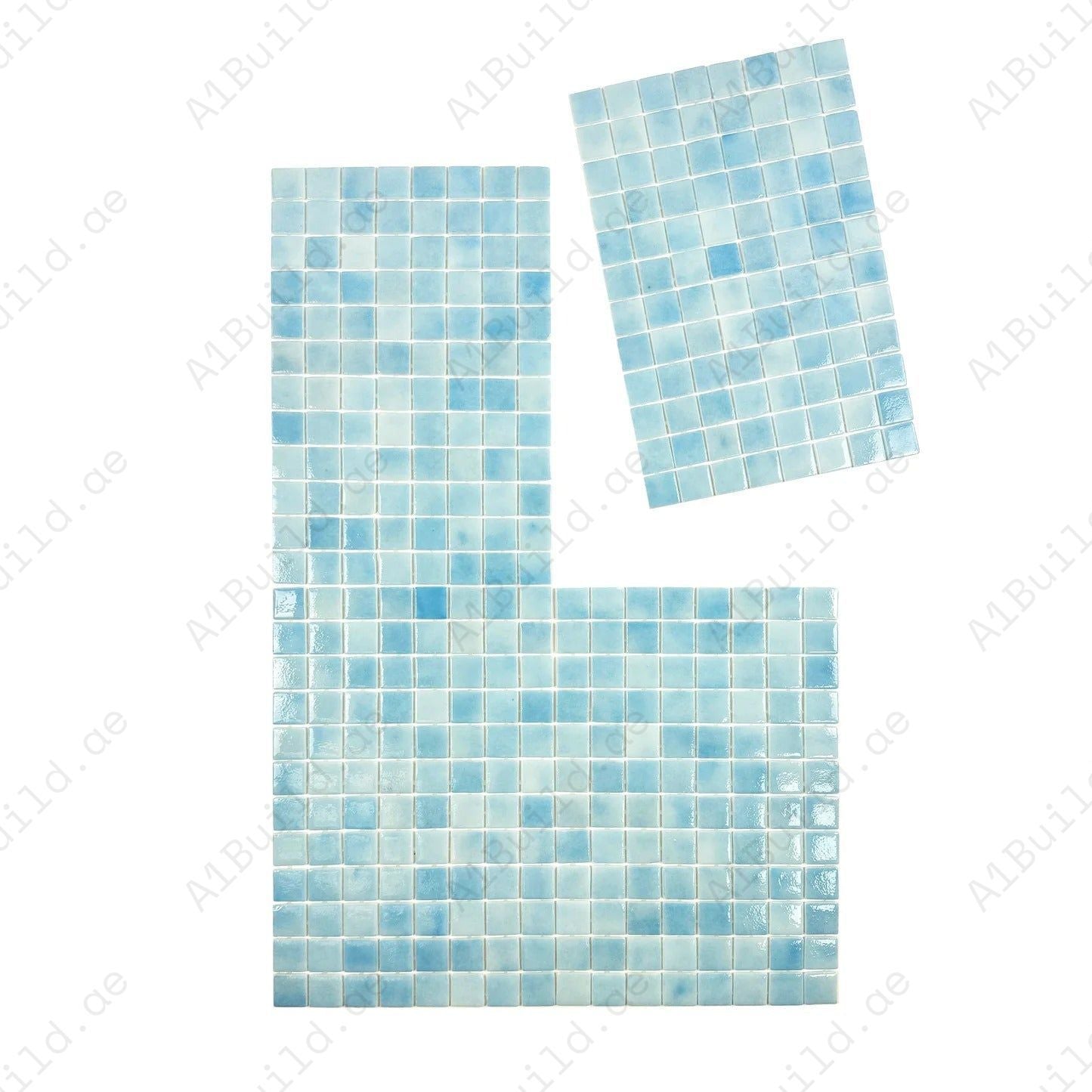 Shop Powder & Sky Blue Mixed Recycled Glass Mosaic Tiles – eco-friendly, slip & UV resistant, durable and perfect for pools, spas, fountains & water walls.