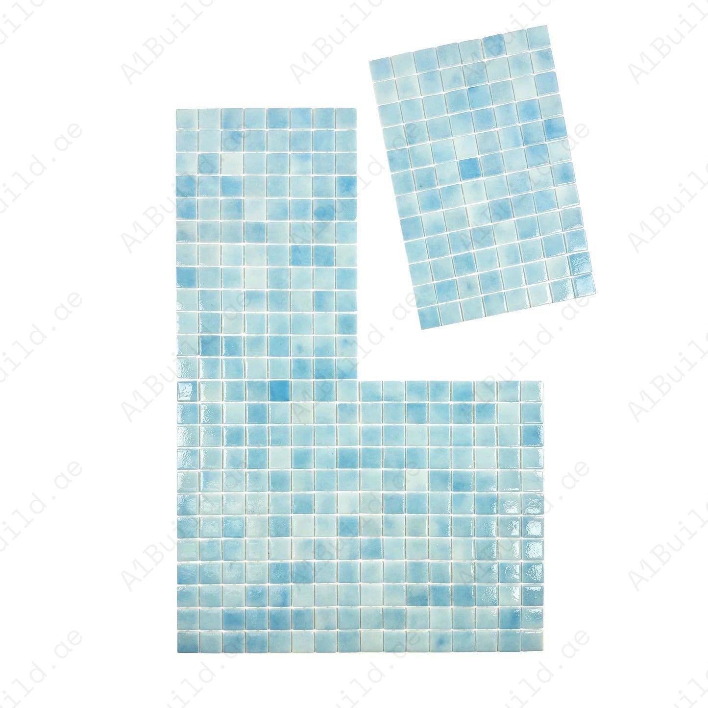 Shop Powder & Sky Blue Mixed Recycled Glass Mosaic Tiles – eco-friendly, slip & UV resistant, durable and perfect for pools, spas, fountains & water walls.