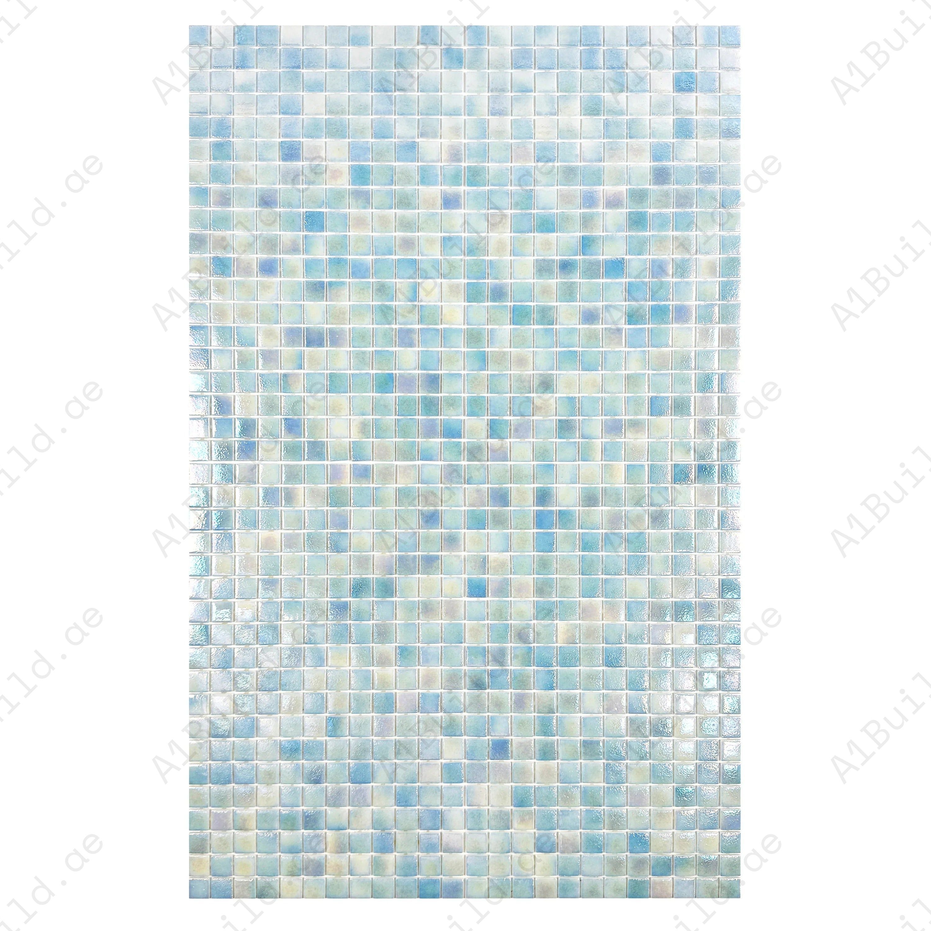 Shop Sky Blue Iridescent Recycled Glass Mosaic Tiles – eco-friendly, durable, UV & slip-resistant. Ideal for swimming pools, spas, water features & walls.