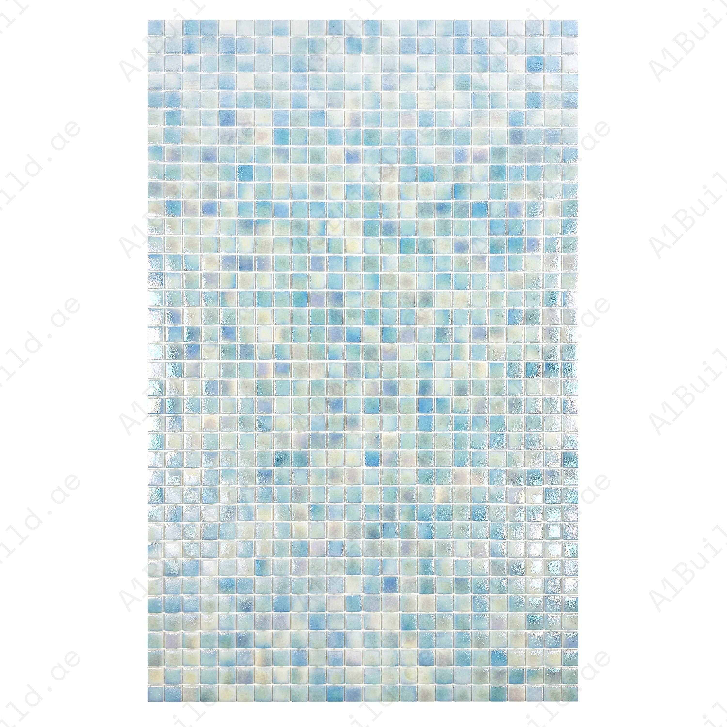 Shop Sky Blue Iridescent Recycled Glass Mosaic Tiles – eco-friendly, durable, UV & slip-resistant. Ideal for swimming pools, spas, water features & walls.