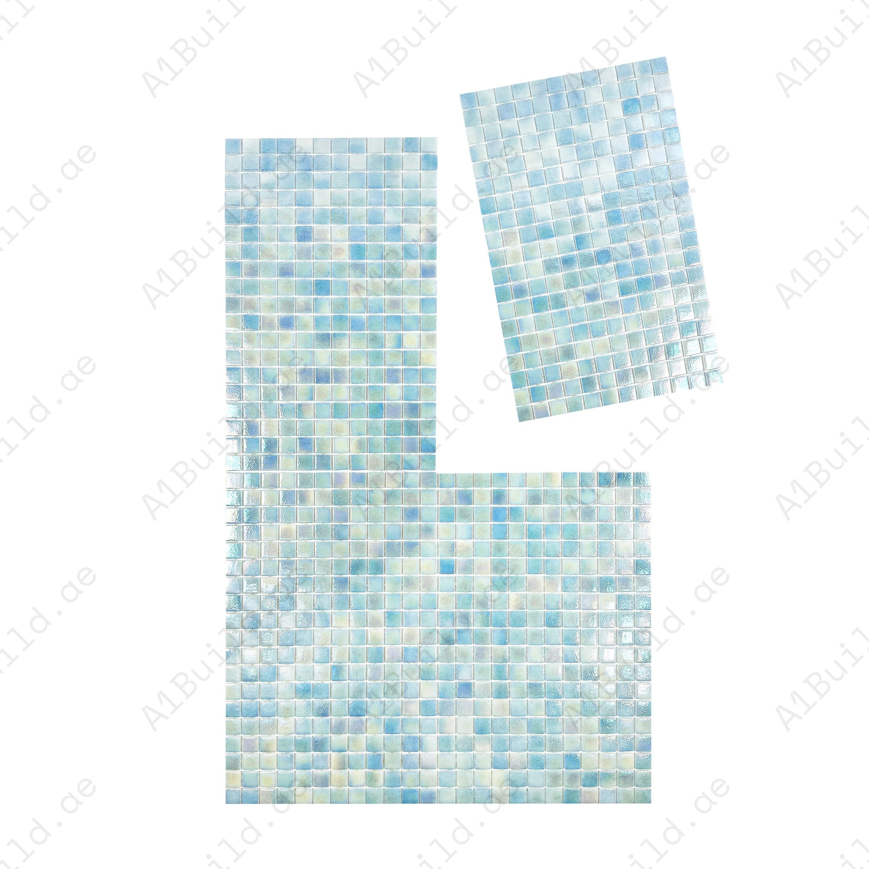 Shop Sky Blue Iridescent Recycled Glass Mosaic Tiles – eco-friendly, durable, UV & slip-resistant. Ideal for swimming pools, spas, water features & walls.