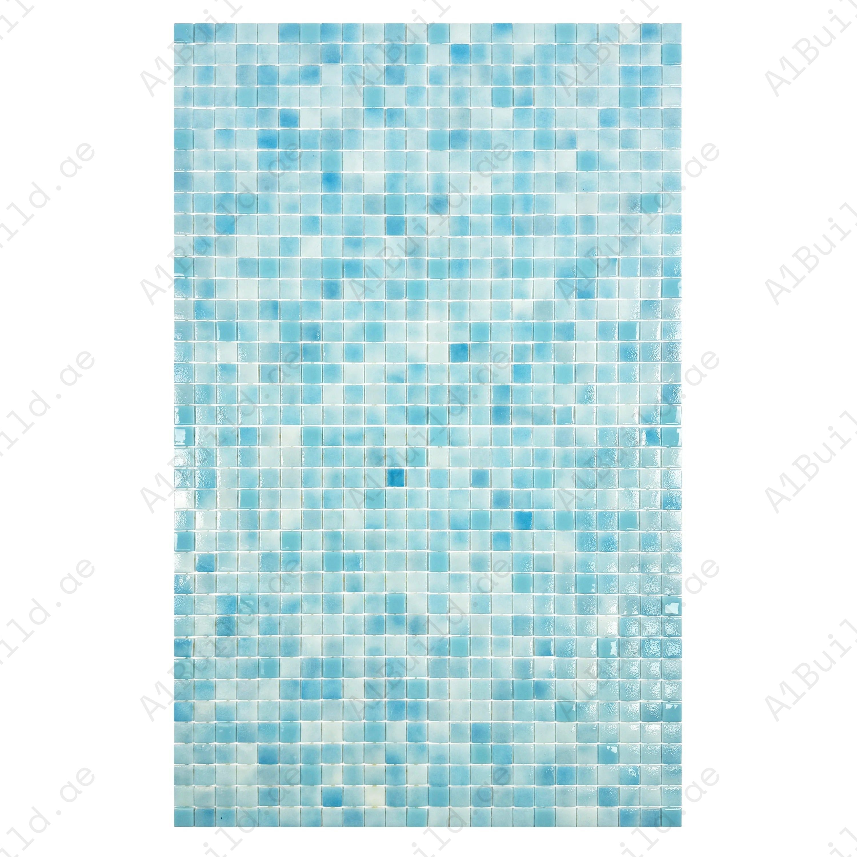Shop Sky, Fluorescent Blue & White Mixed Glass Mosaic Tiles – eco-friendly, slip & UV resistant, durable, perfect for pools, spas, fountains & water walls.