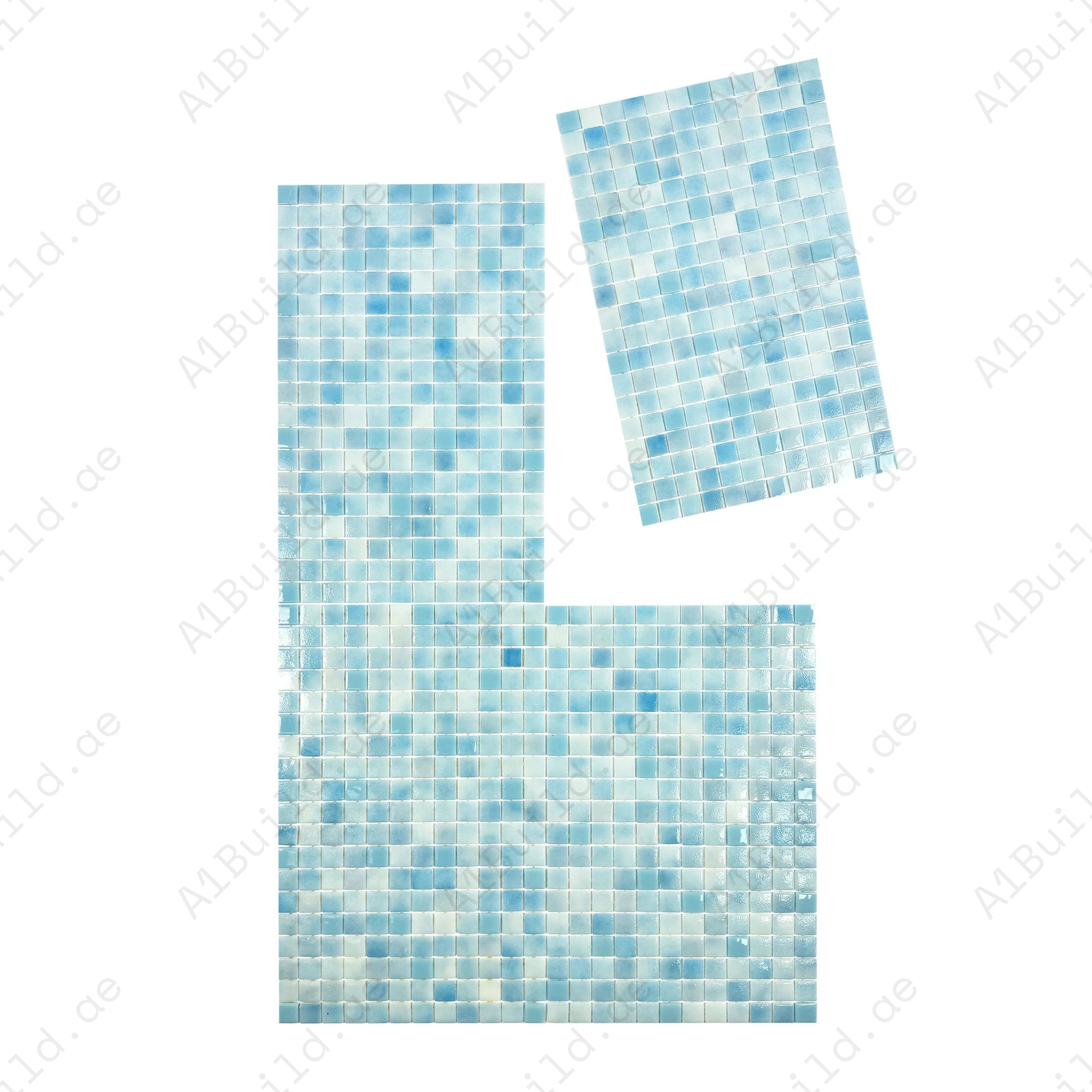 Shop Sky, Fluorescent Blue & White Mixed Glass Mosaic Tiles – eco-friendly, slip & UV resistant, durable, perfect for pools, spas, fountains & water walls.