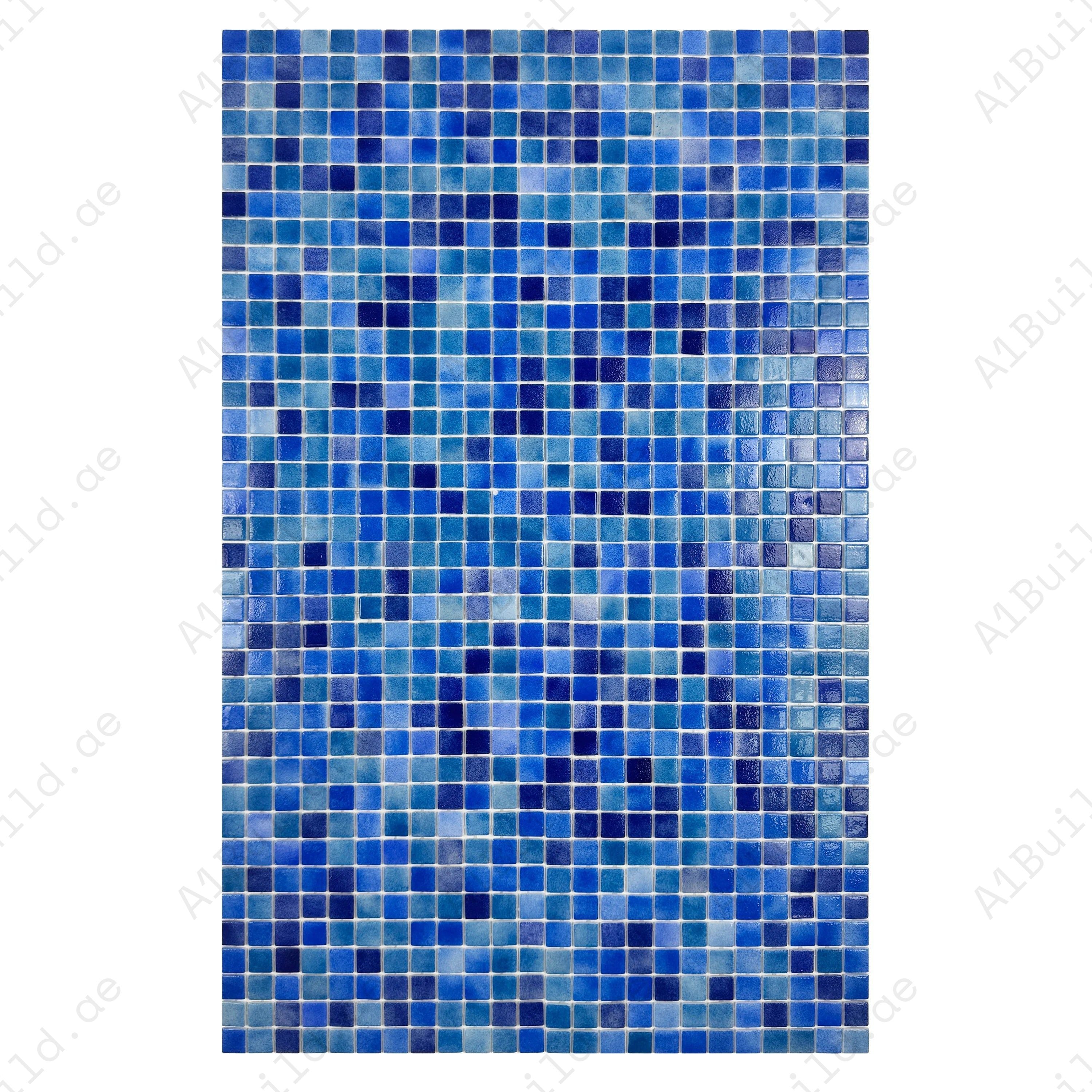 Shop Sky, Oriental & Prussian Blue Mixed Recycled Glass Mosaic Tiles – eco-friendly, slip & UV resistant, durable and perfect for pools, spas & water walls.