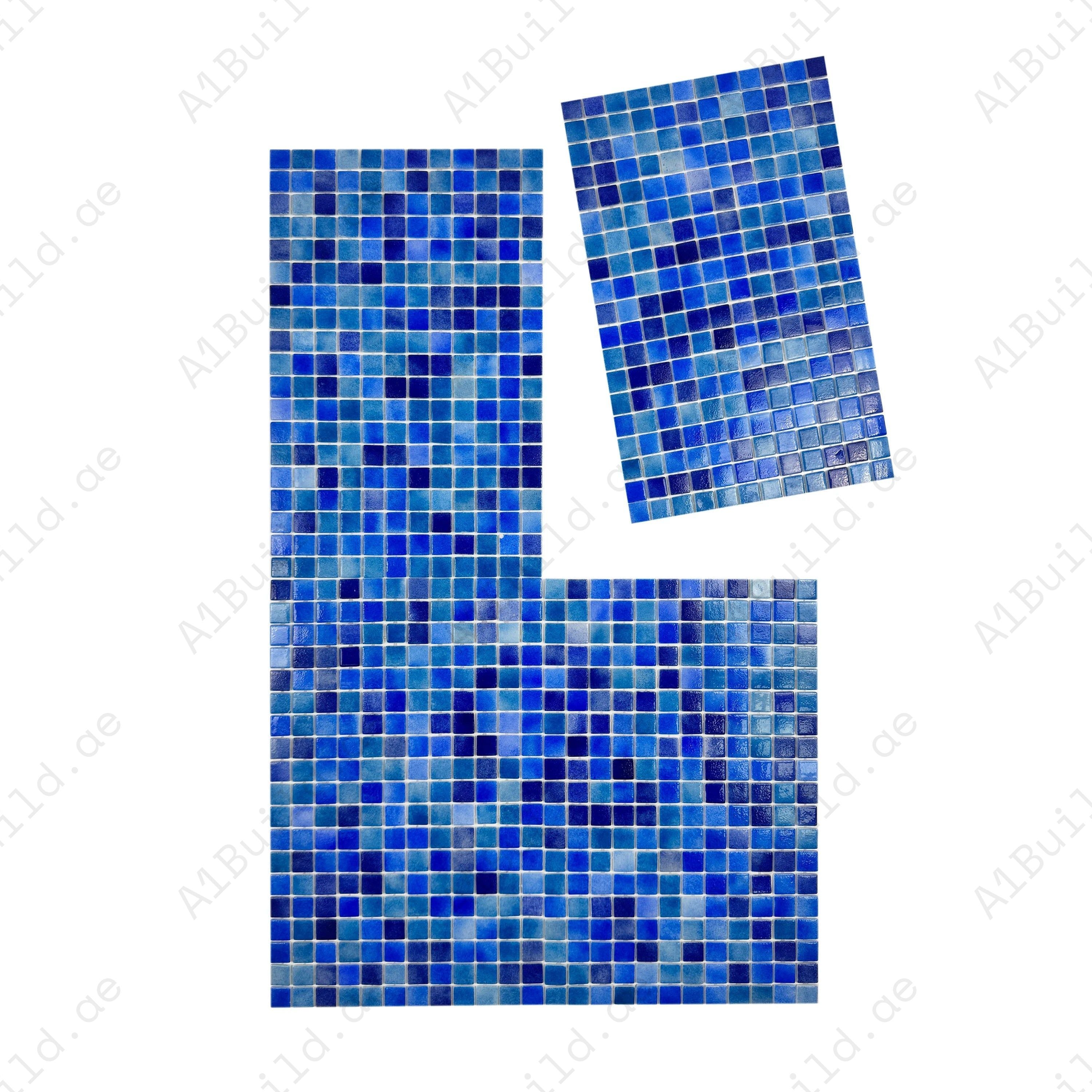 Shop Sky, Oriental & Prussian Blue Mixed Recycled Glass Mosaic Tiles – eco-friendly, slip & UV resistant, durable and perfect for pools, spas & water walls.