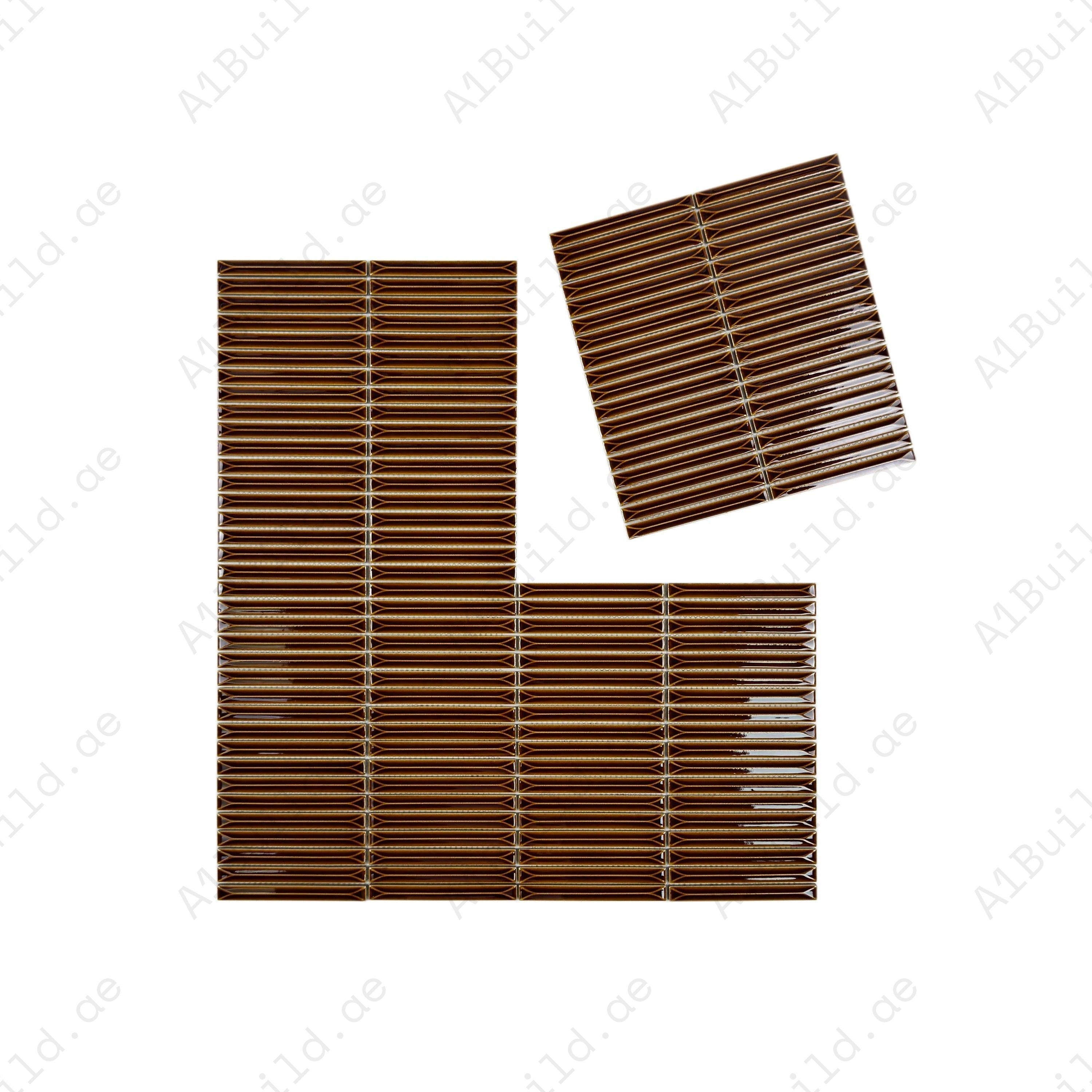 Sicilian Luxury Caramel Brown glossy porcelain mosaic with beveled design. Durable, elegant & easy to maintain—ideal for walls, kitchens & bathrooms.