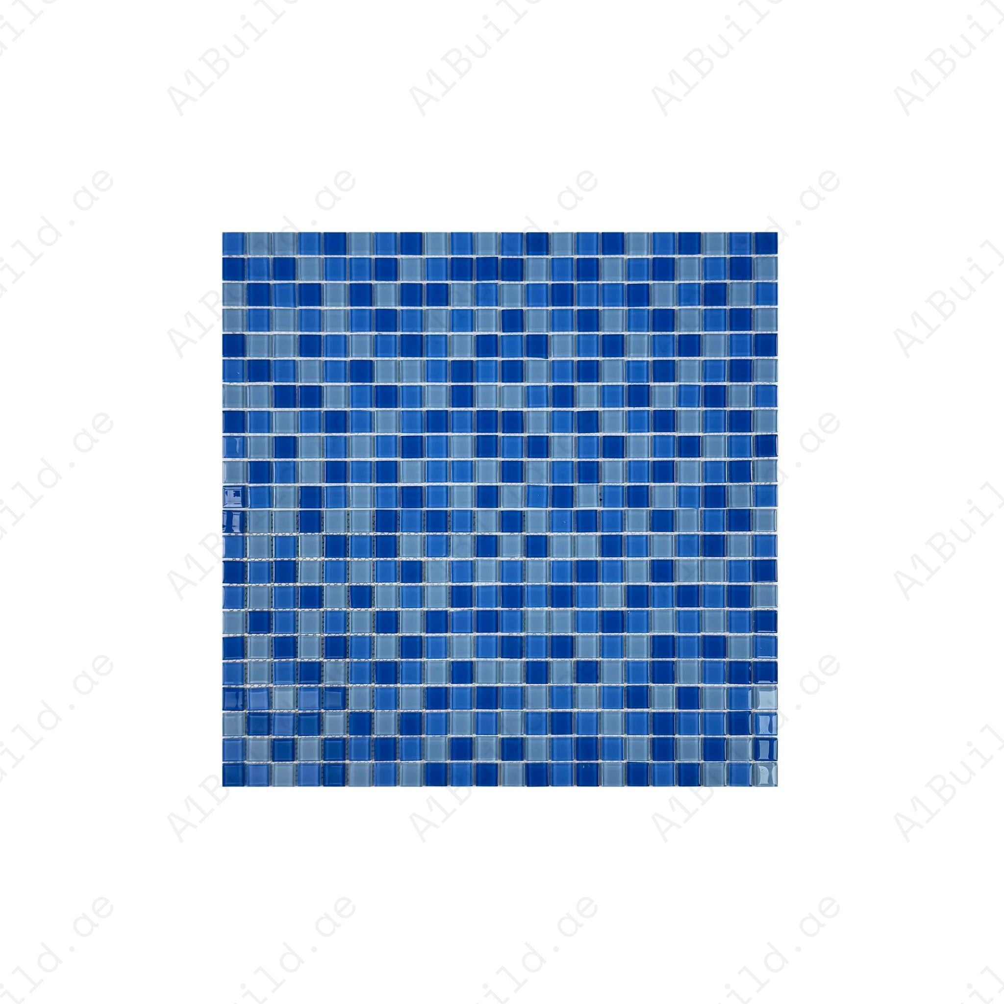Sky Blue, French Blue & Cobalt Blue mixed crystal glass mosaic. UV-stable, slip-resistant & eco-friendly—ideal for pools, spas, water walls & coastal wet zones.