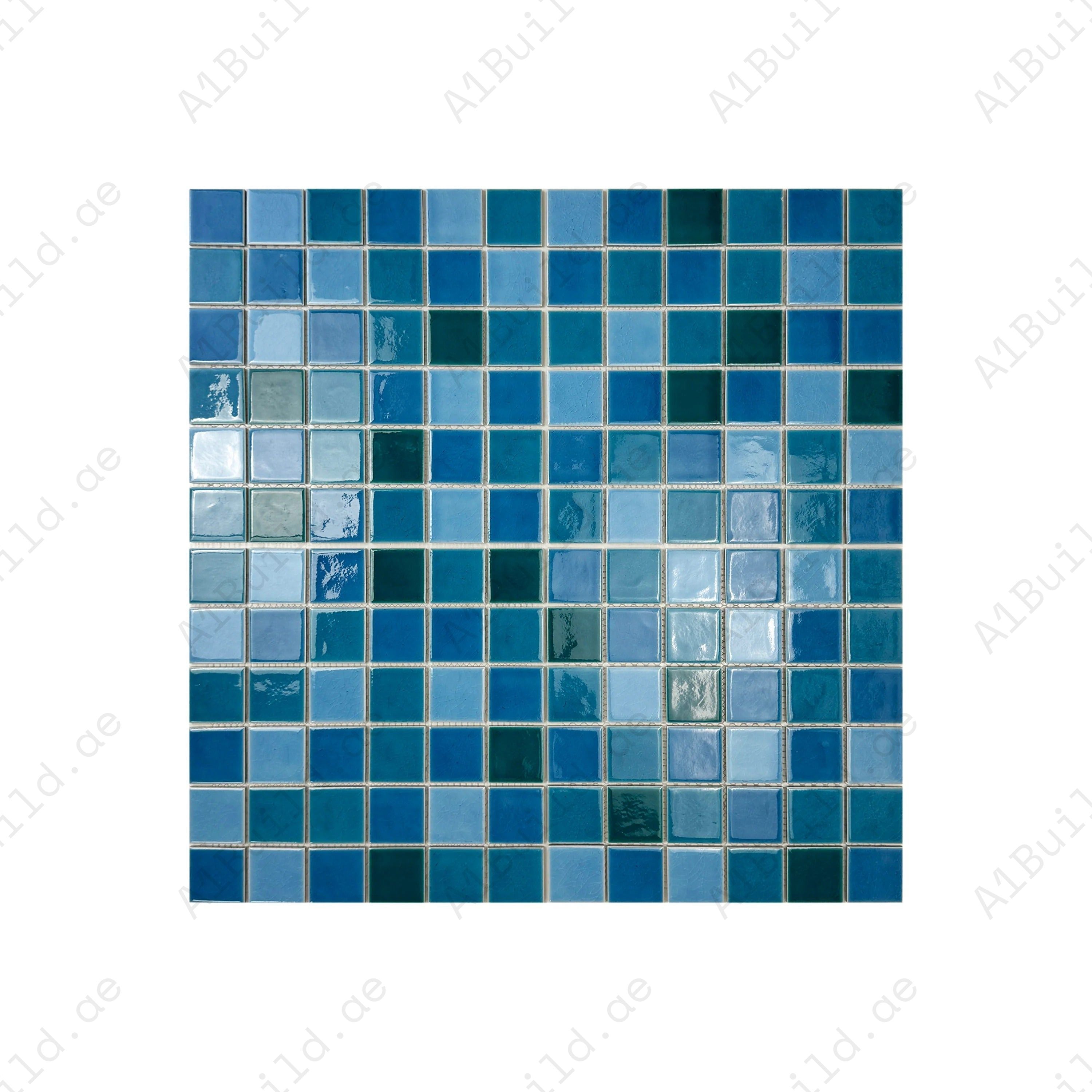 Sky Blue, Ultra Marine & Dark Blue crackle porcelain mosaic tiles. Waterproof, slip-proof & UV-resistant—ideal for luxury pools, spas, and aquatic walls in Dubai.