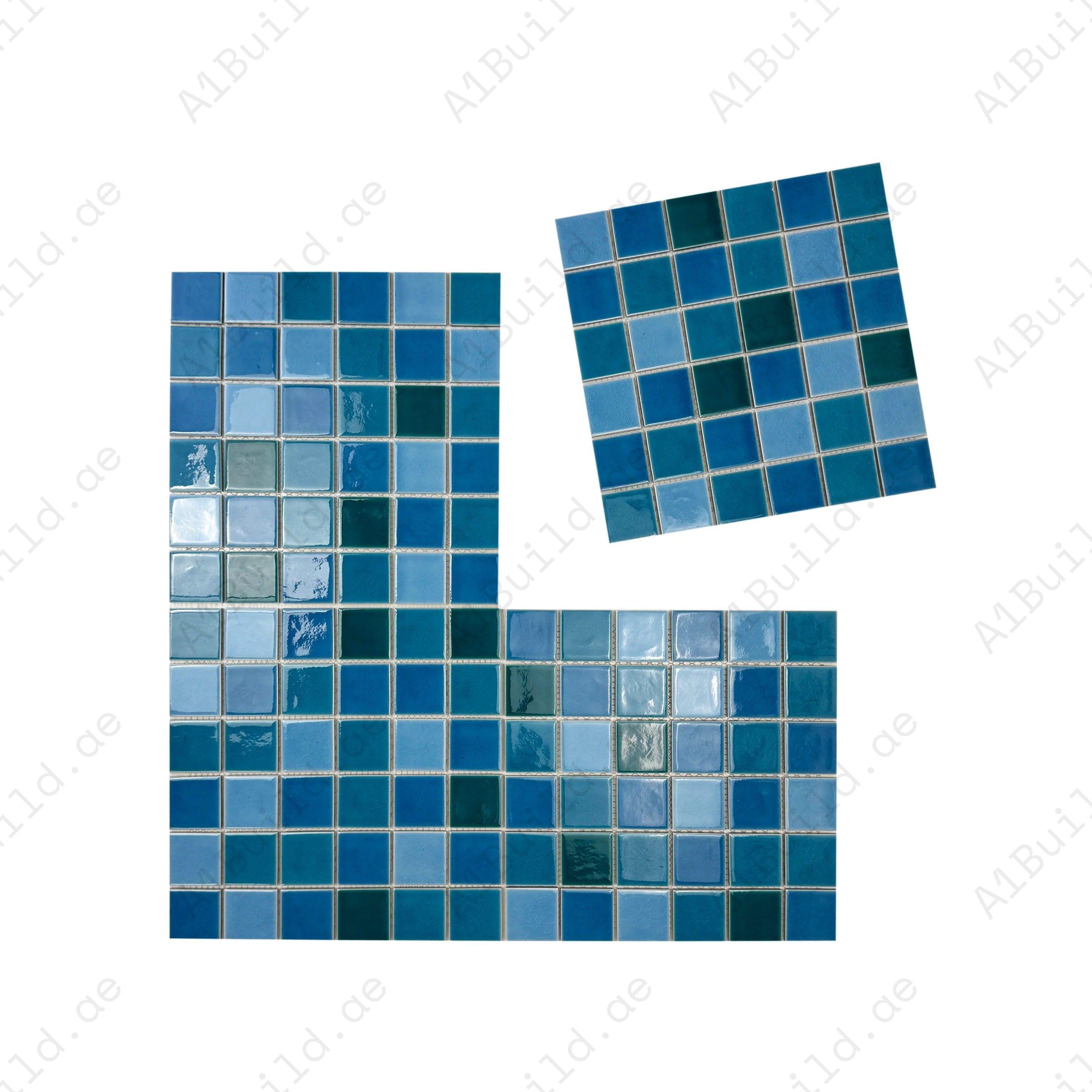 Sky Blue, Ultra Marine & Dark Blue crackle porcelain mosaic tiles. Waterproof, slip-proof & UV-resistant—ideal for luxury pools, spas, and aquatic walls in Dubai.