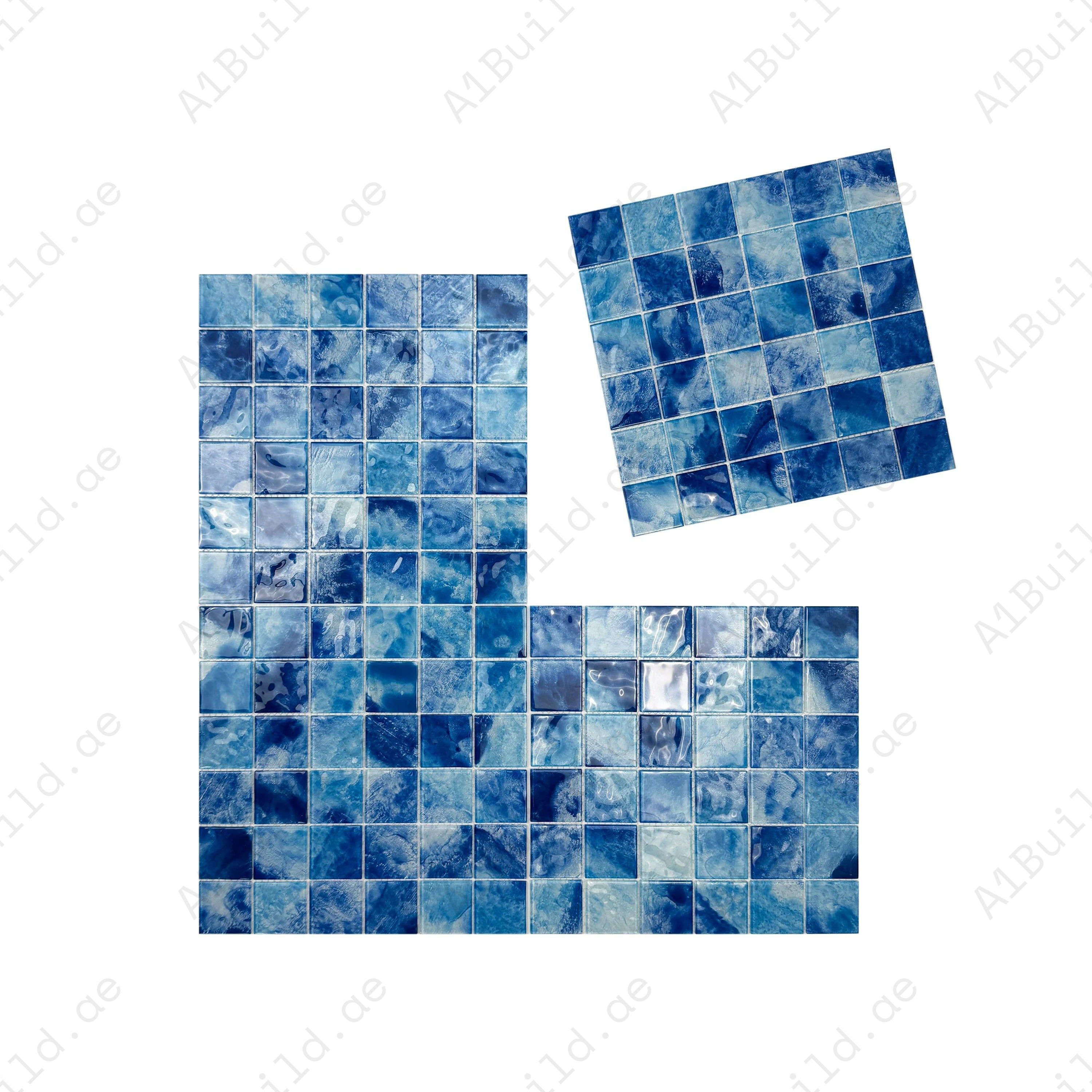 Sky Blue & Ultra Marine glass mosaic tile for pools, spas & walls. Durable, slip-resistant, eco-friendly, stylish & perfect for Dubai luxury projects.
