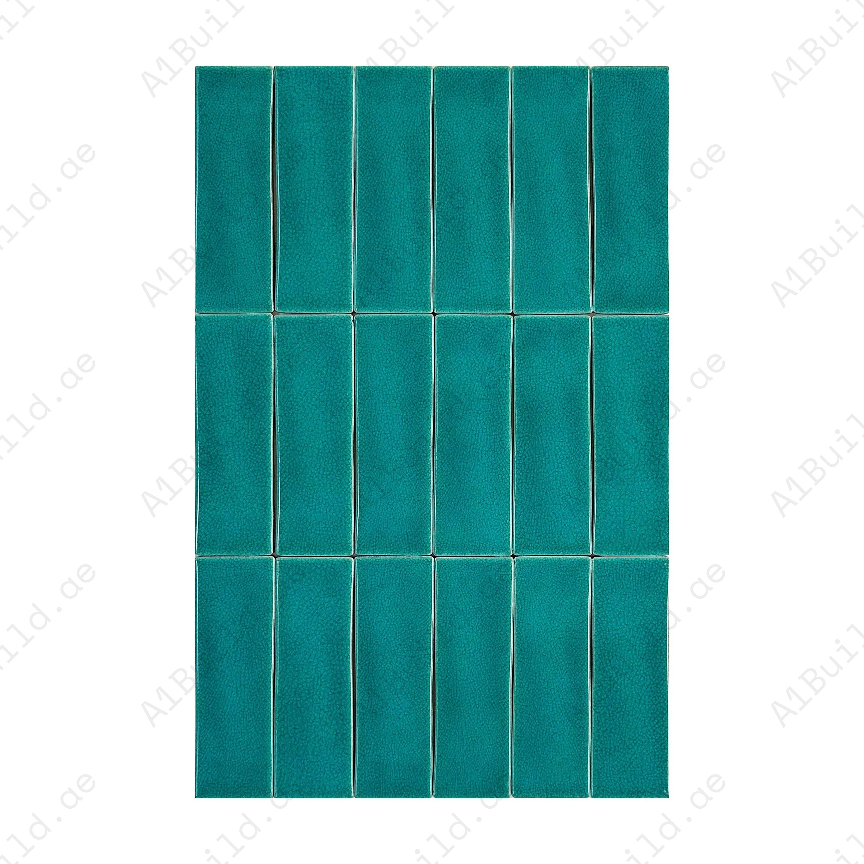 Sky Blue glossy crackle porcelain tile with long-strip design. Durable, scratch, water & stain-resistant—ideal for walls, floors, kitchens & bathrooms.