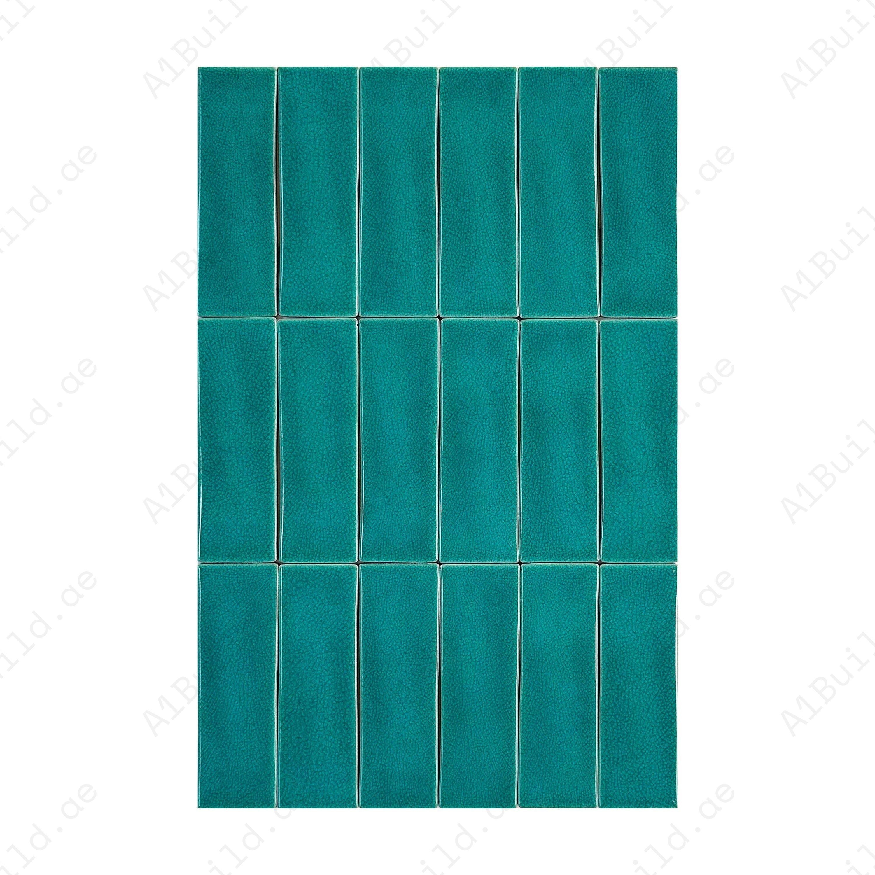 Sky Blue glossy crackle porcelain tile with long-strip design. Durable, scratch, water & stain-resistant—ideal for walls, floors, kitchens & bathrooms.