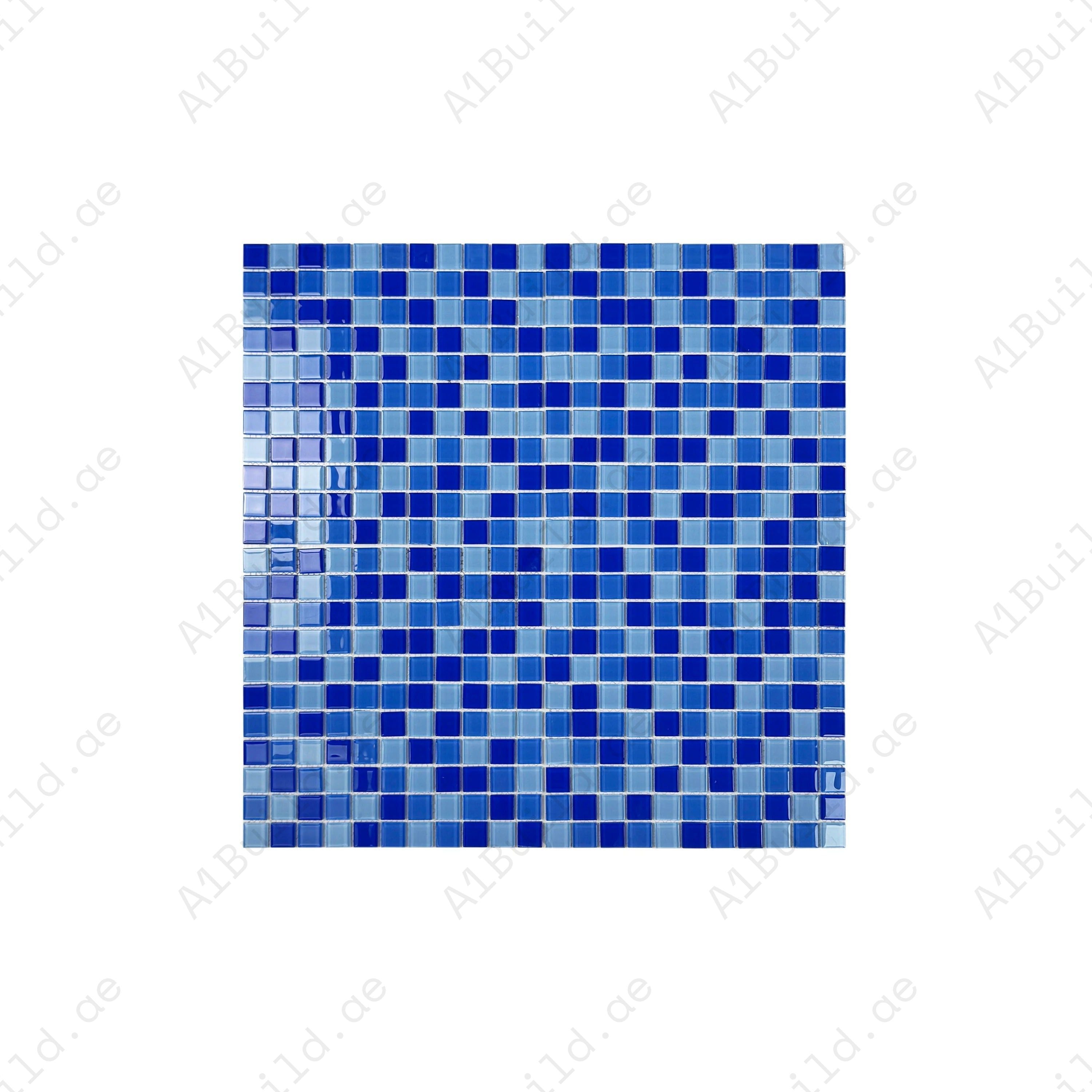 Sky, French & Navy Blue mixed crystal glass mosaic tiles with UV, slip resistance & eco-friendly design—perfect for pools, spas & luxury water features.