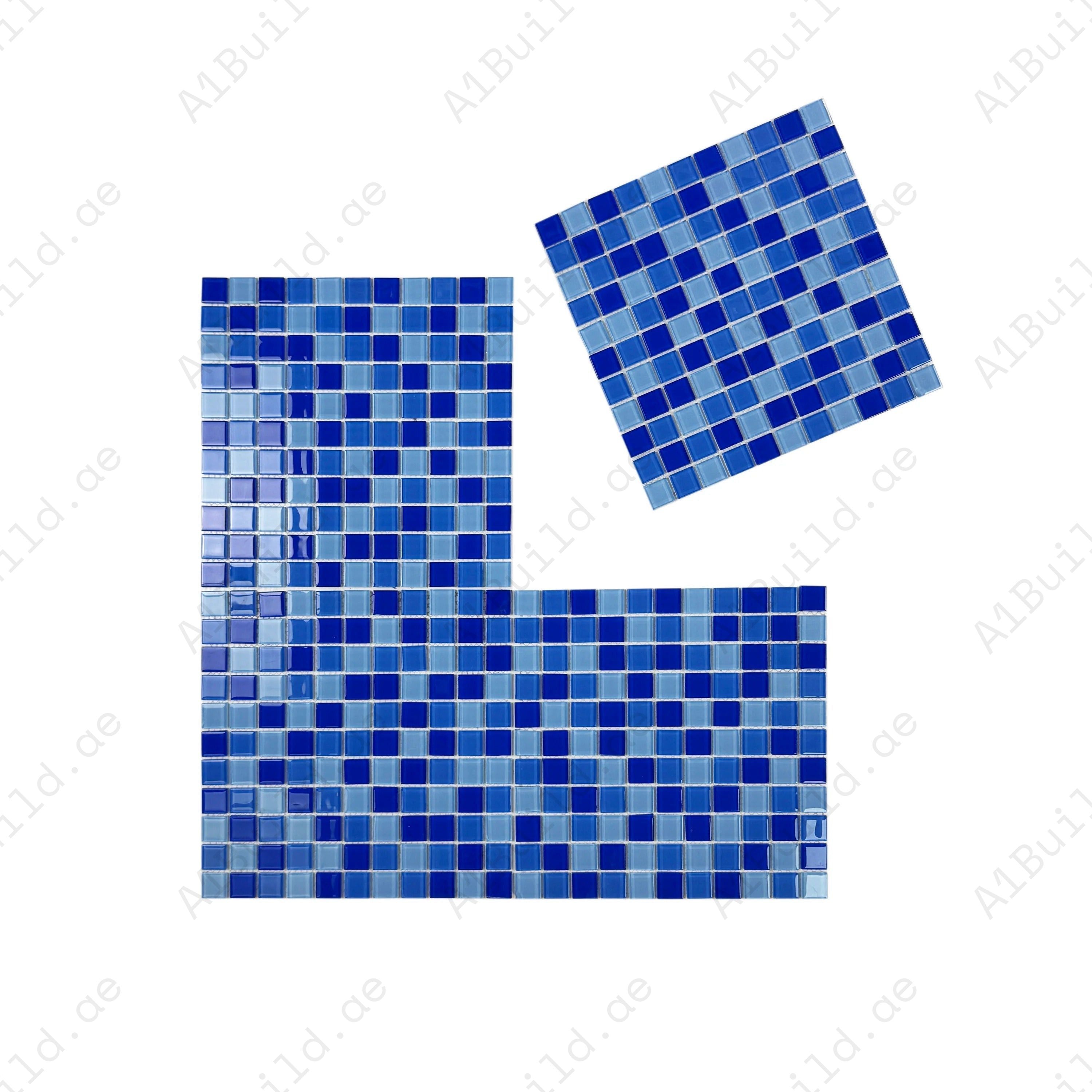 Sky, French & Navy Blue mixed crystal glass mosaic tiles with UV, slip resistance & eco-friendly design—perfect for pools, spas & luxury water features.