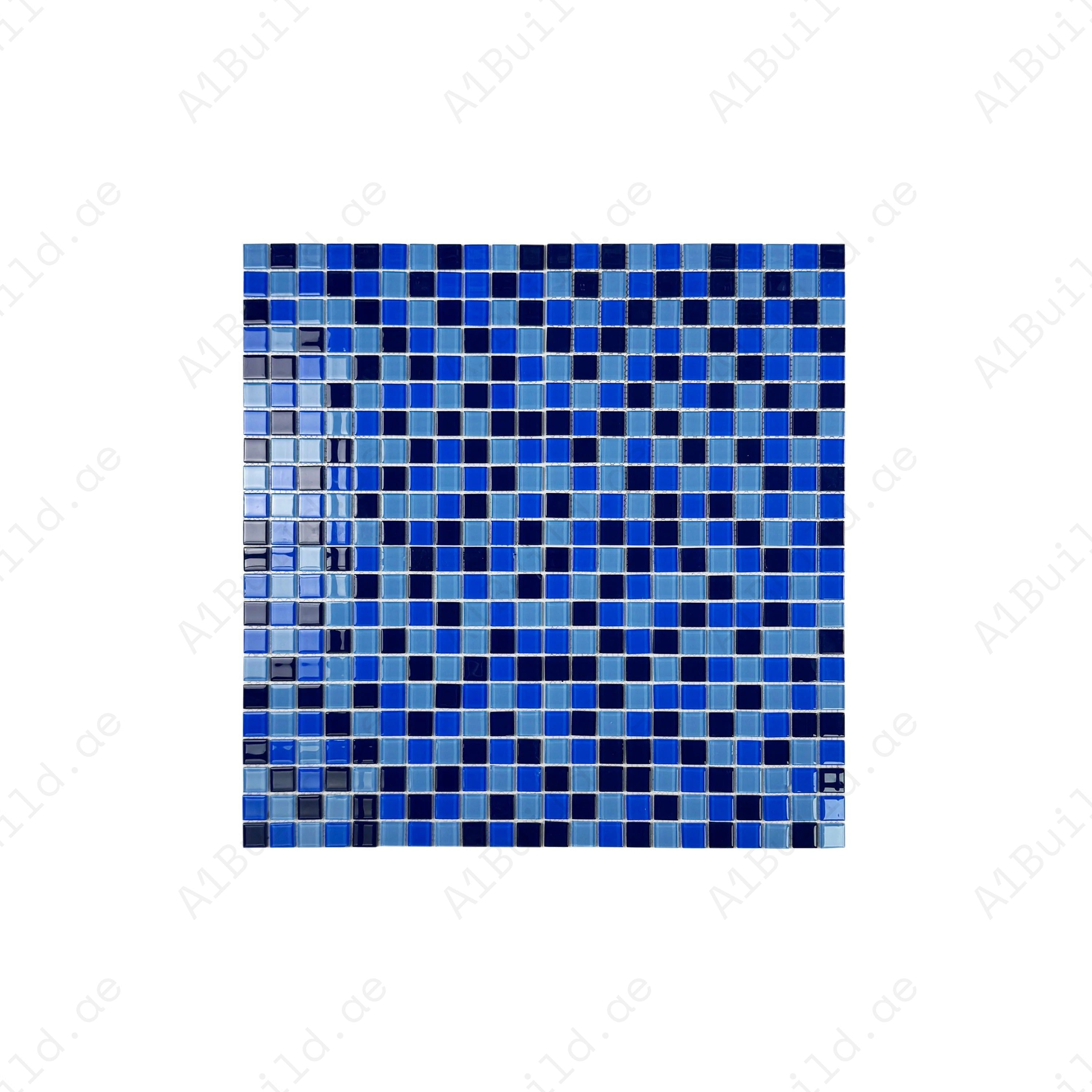 Sky, French & Sapphire Blue mixed crystal glass mosaic—UV resistant, slip-proof & eco-friendly. Ideal for pools, spas, bathrooms & modern water features.
