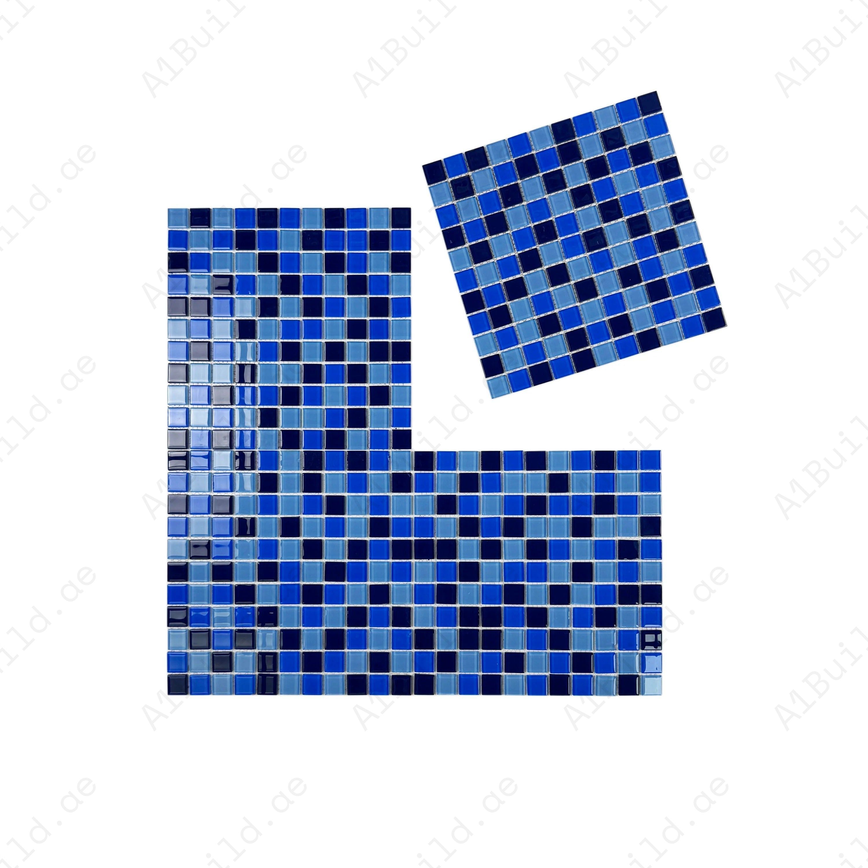 Sky, French & Sapphire Blue mixed crystal glass mosaic—UV resistant, slip-proof & eco-friendly. Ideal for pools, spas, bathrooms & modern water features.