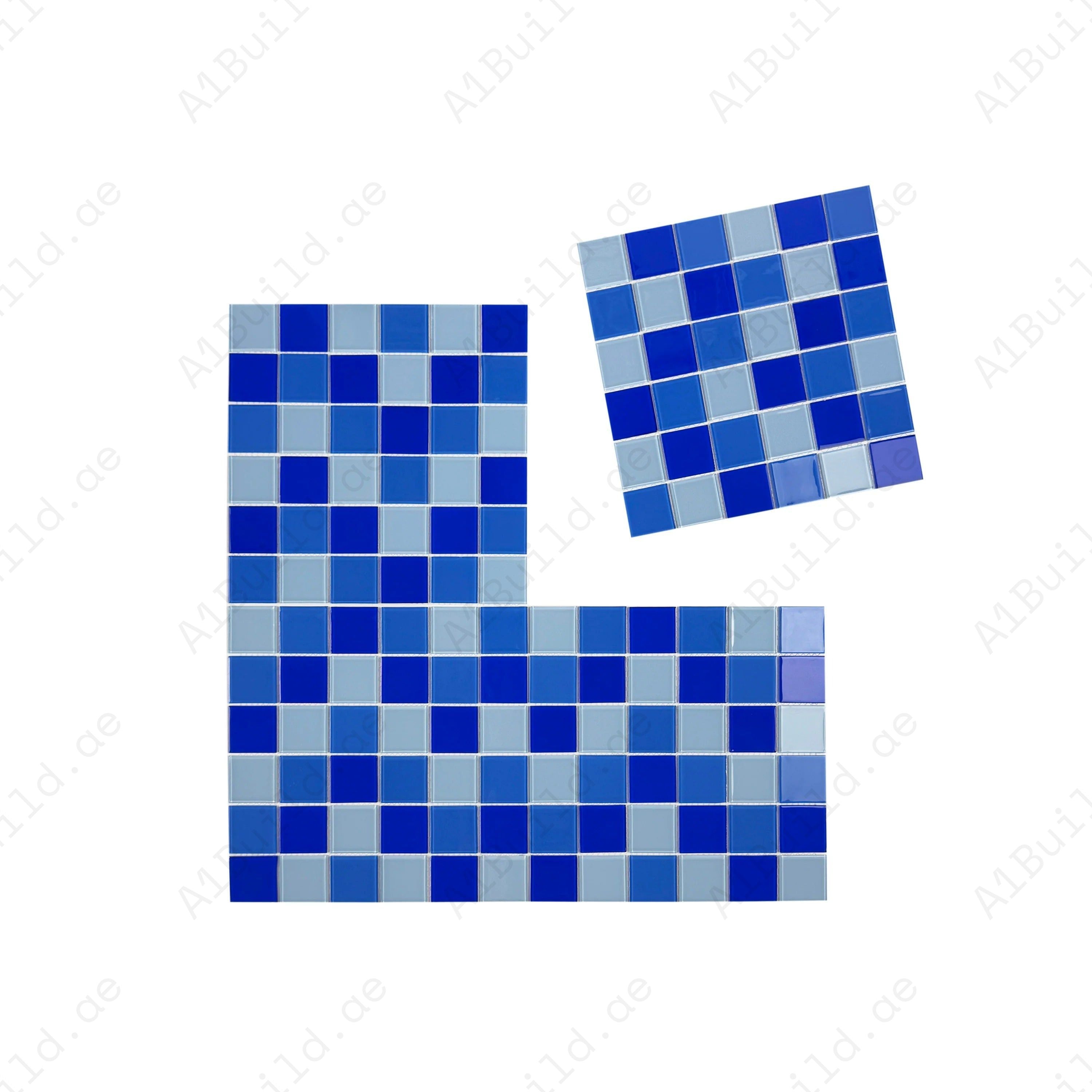 Sky, Klein & French Blue crystal glass mosaic tiles—UV-protected, slip-resistant & eco-friendly. Ideal for pools, spas, bathrooms & modern water features.