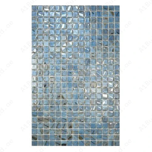 Sky, baby blue & earthy brown recycled glass mosaic tile with streaks and swirls. Durable, slip-resistant, UV-proof—perfect for pools, spas & feature walls.