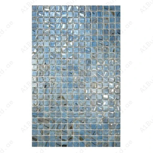 Sky, baby blue & earthy brown recycled glass mosaic tile with streaks and swirls. Durable, slip-resistant, UV-proof—perfect for pools, spas & feature walls.